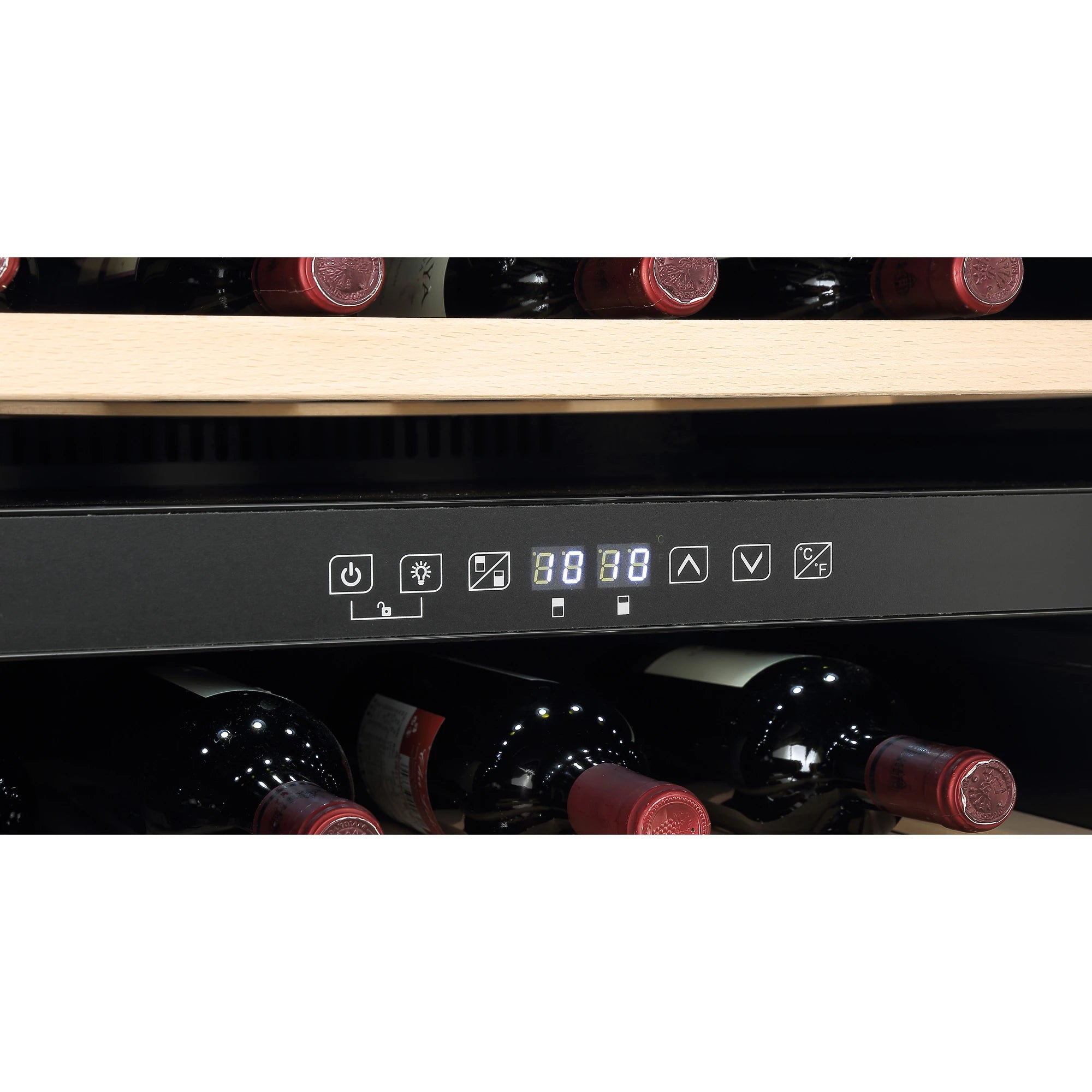 Painel digital da cave de vinho Caviss CLEN257TBEG para controlo de temperatura em duas zonas.