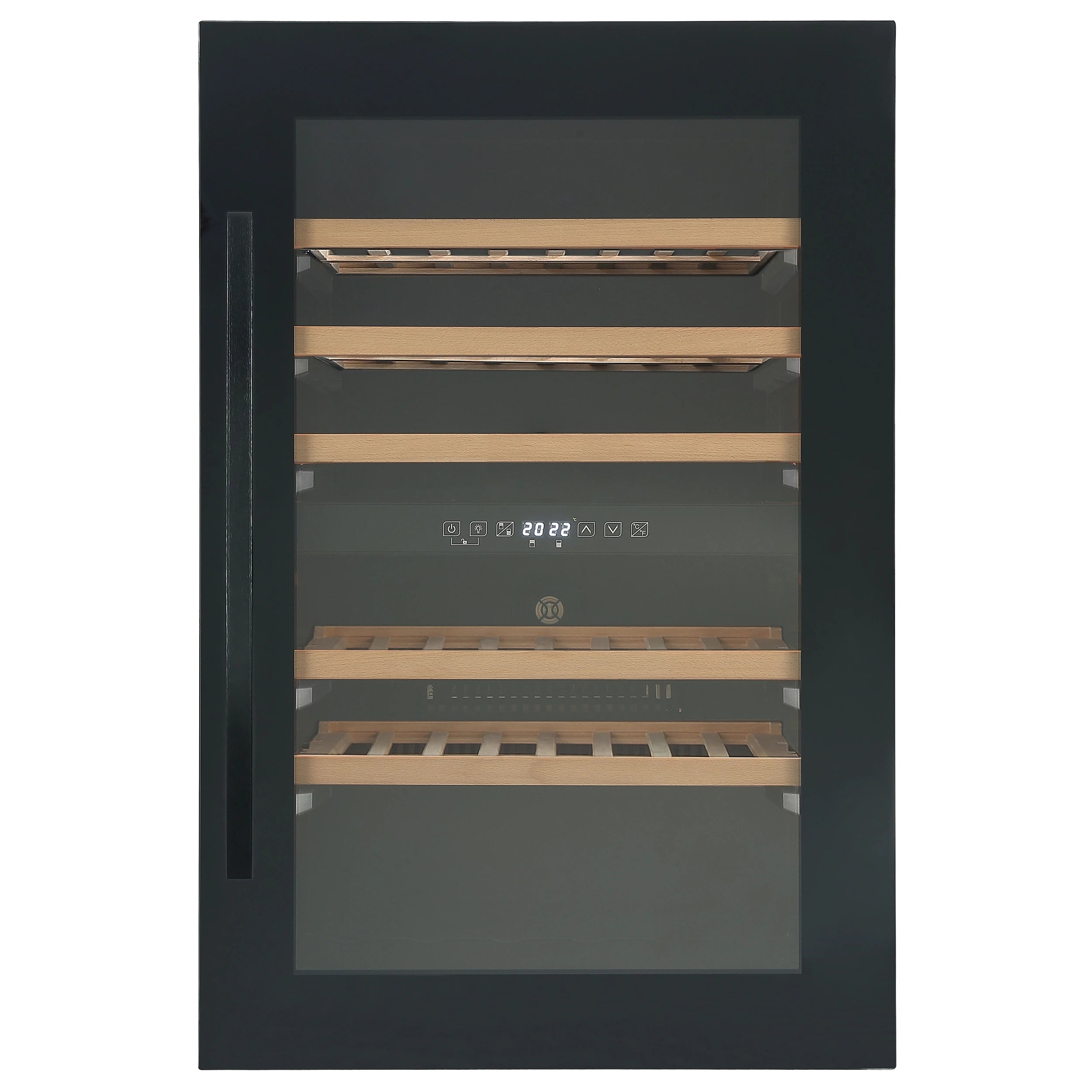 Cave de vinho integrável dupla zona 57 garrafas Caviss CLEN257TBEG com porta de vidro preto anti-UV.