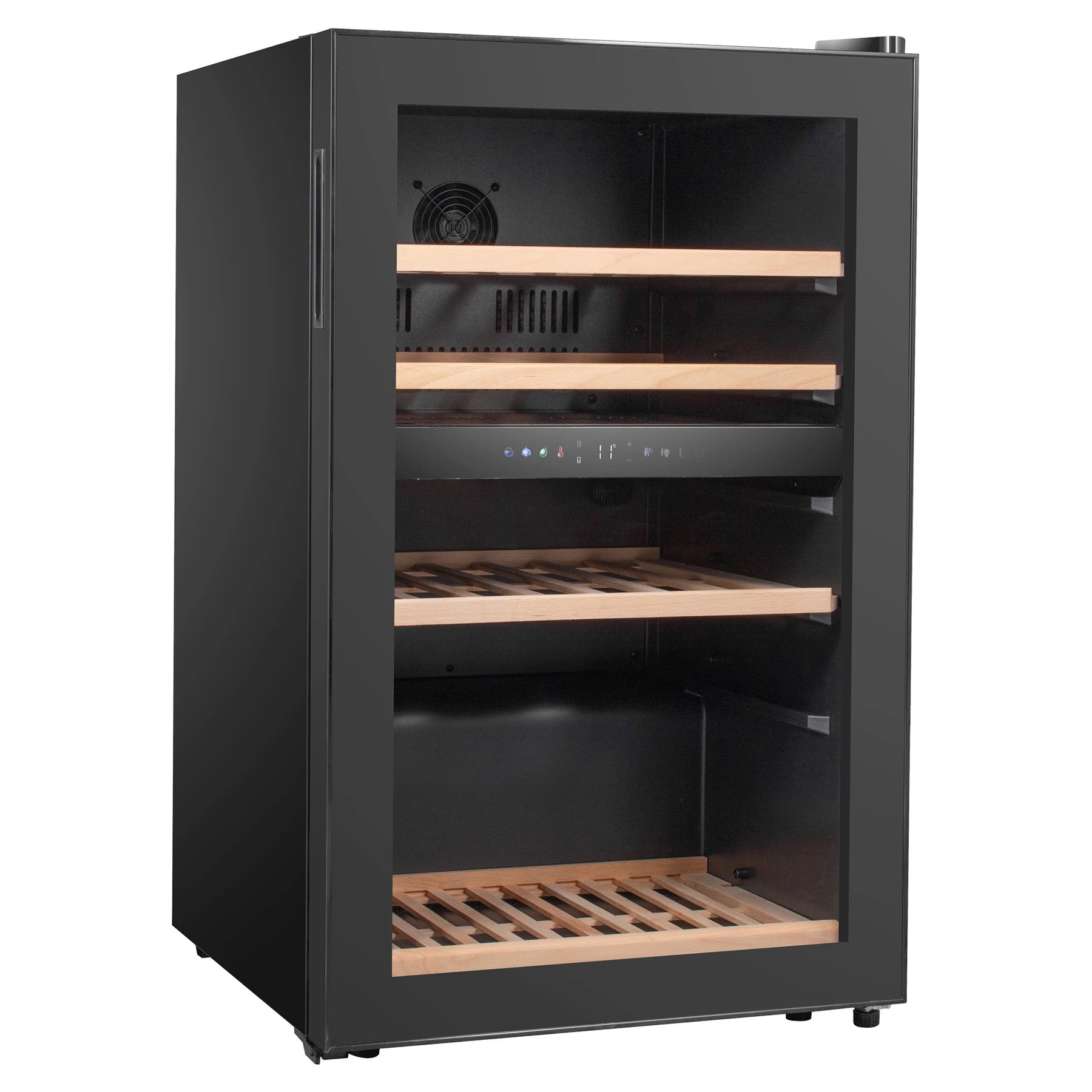 Detalhe da cave de vinho Caviss C259CBEG com display digital e iluminação LED branca.