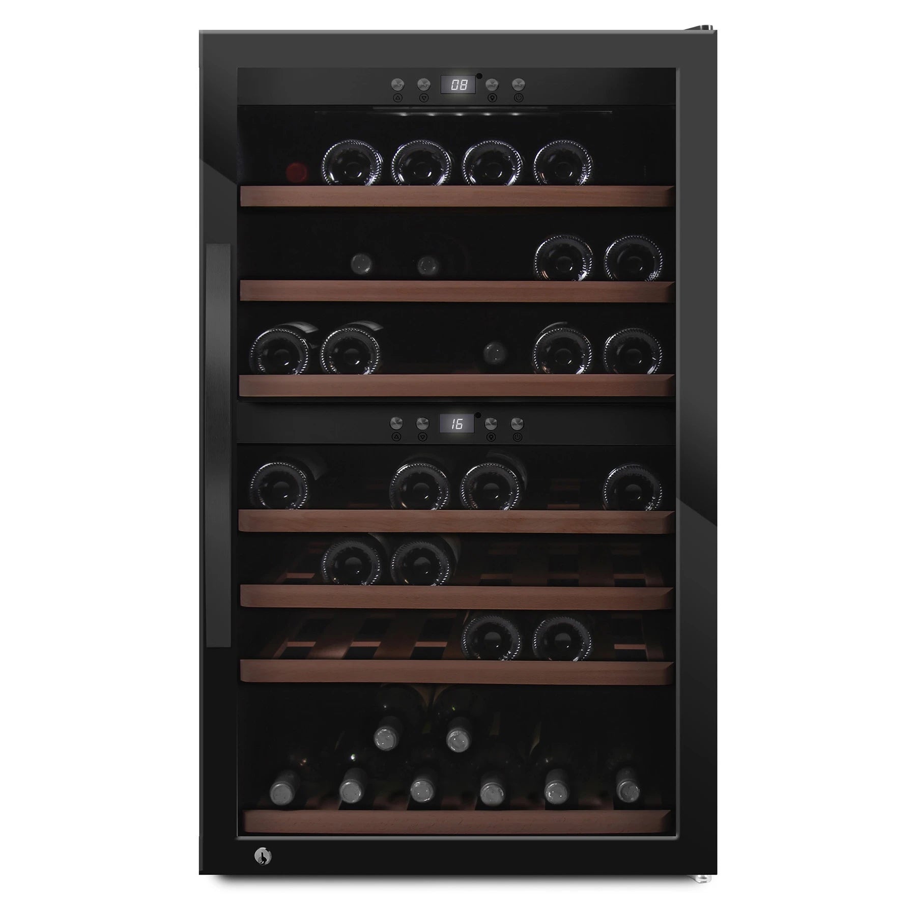 Interior da cave de vinho mQuvée WineExpert 66 Fullglass Black com prateleiras de madeira.