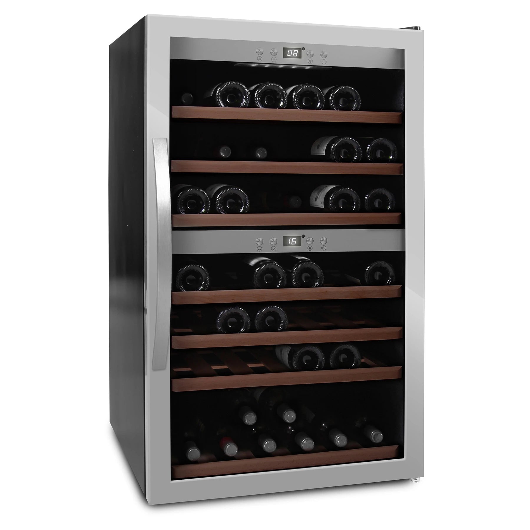 Cave de vinho mQuvée WineExpert 66 Stainless com porta em aço inoxidável.
