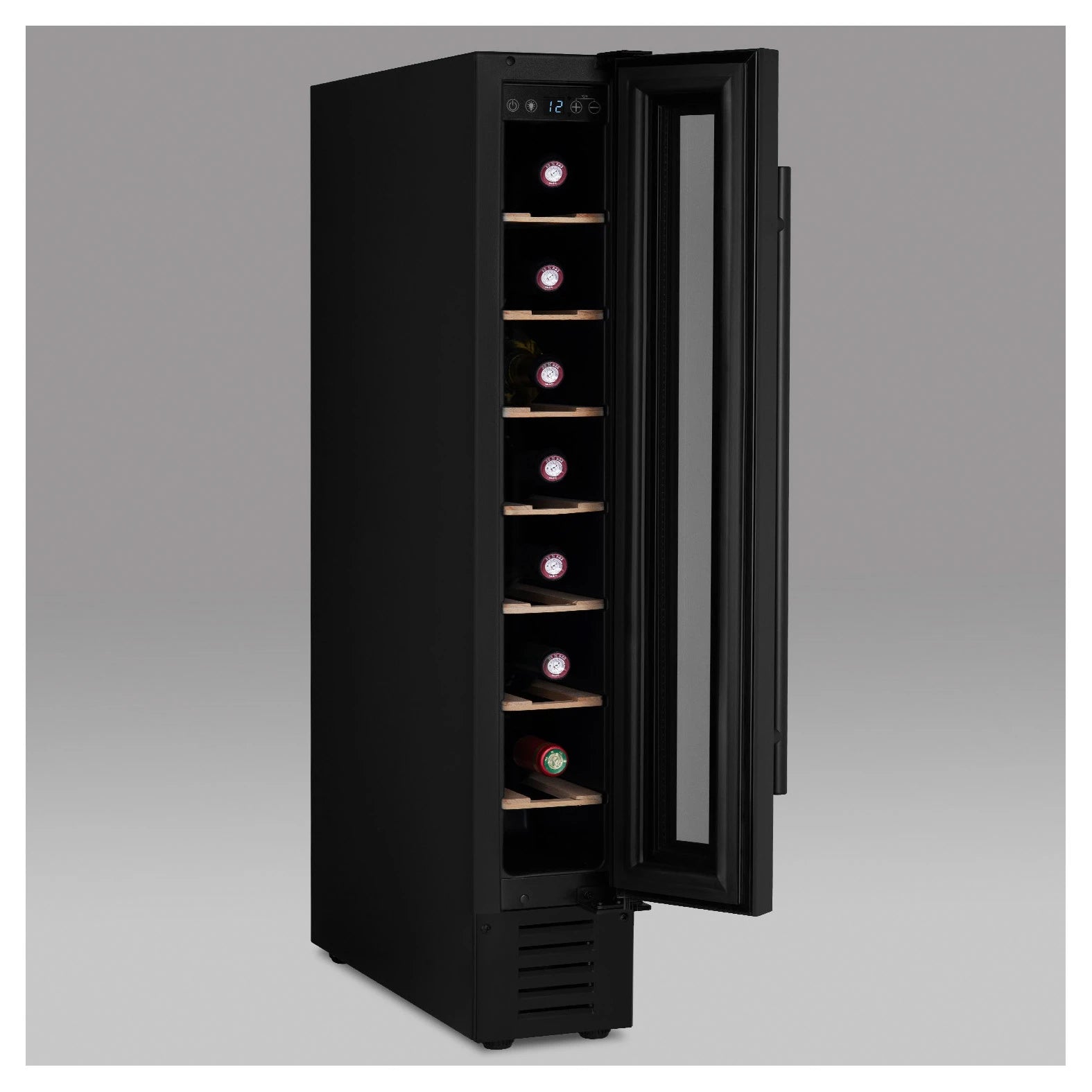Cave de vinho Les Petits Champs CAVSEB7 Black com design estreito preto e porta de vidro.