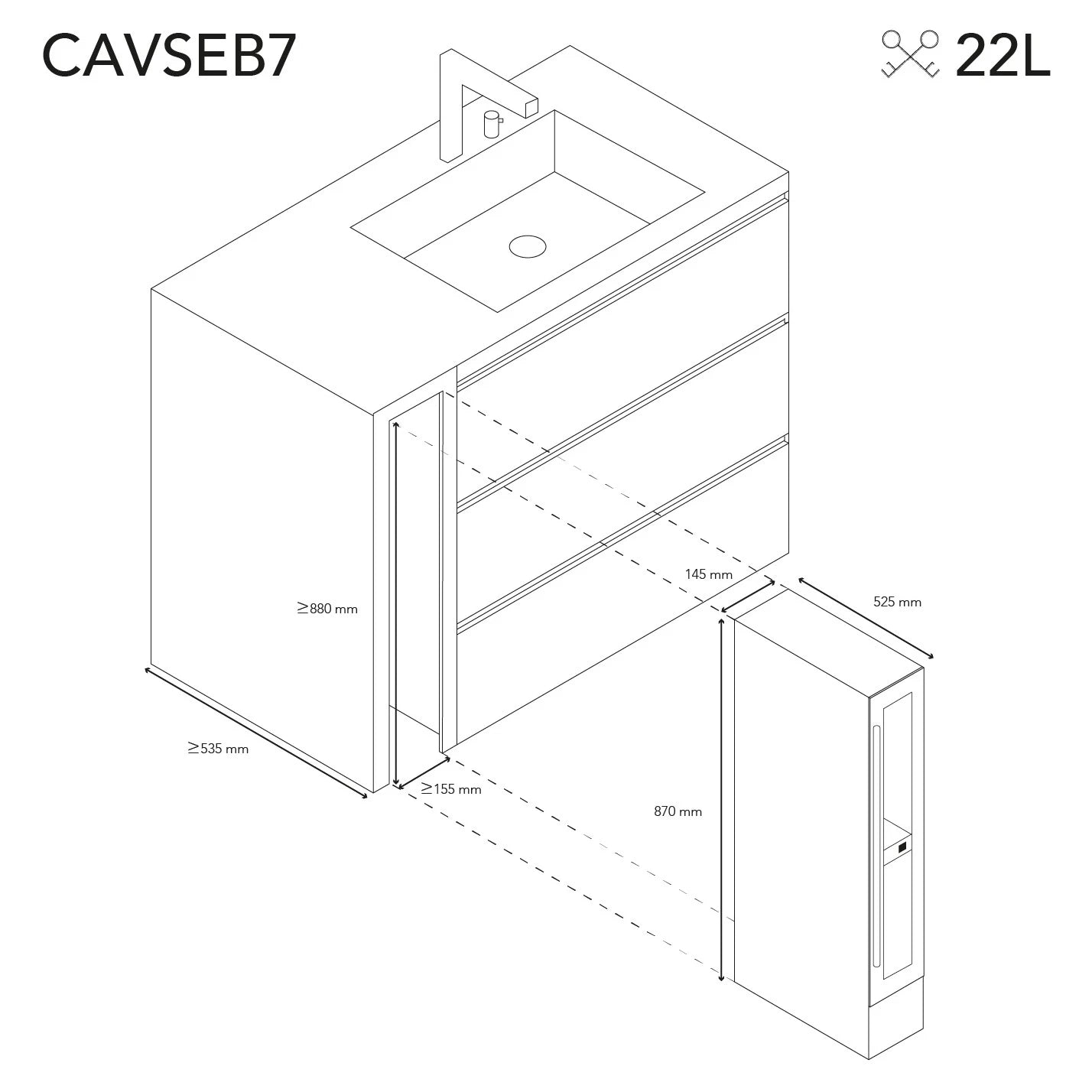 Instalação da cave de vinho Les Petits Champs CAVSEB7 Black sob bancada com ventilação frontal.