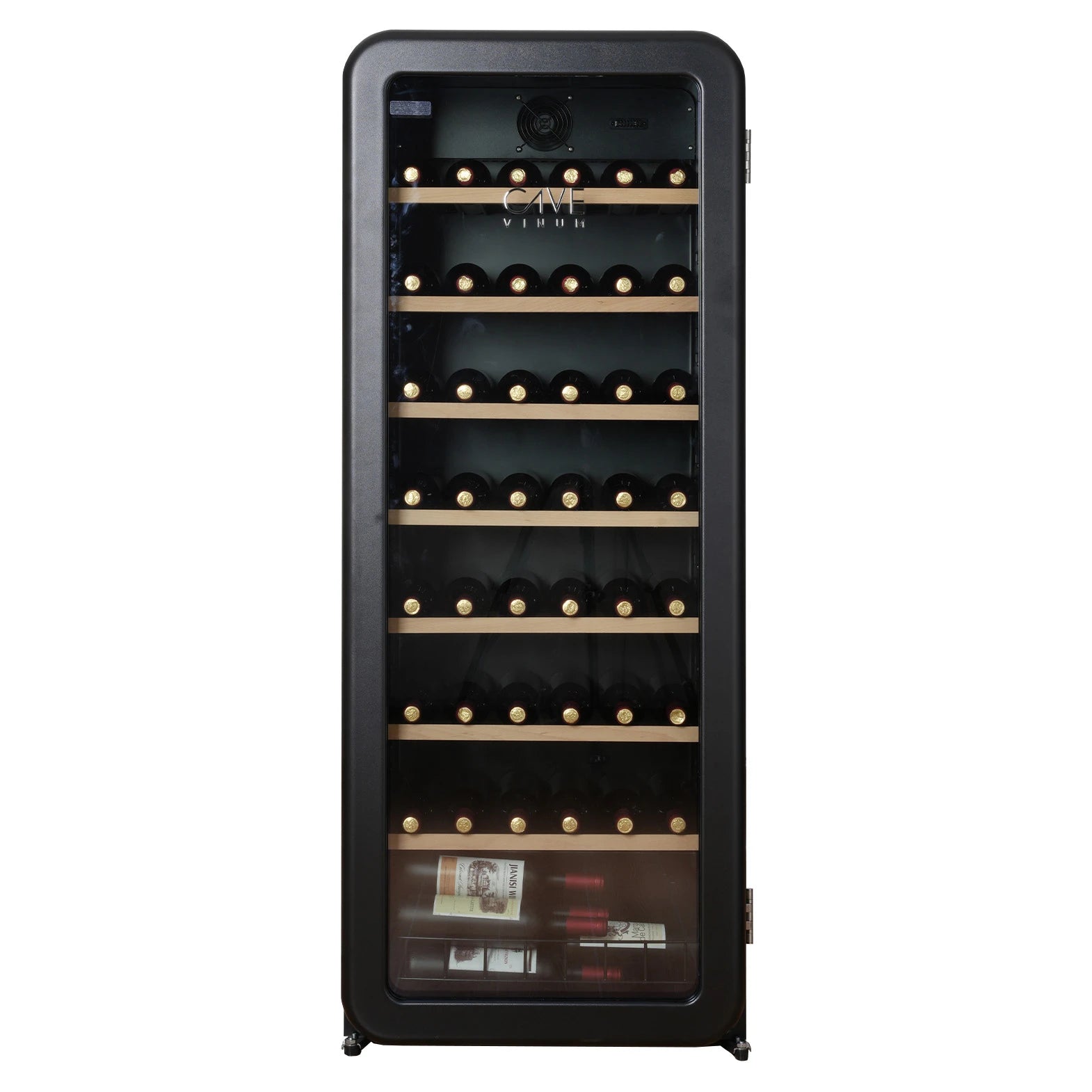 Cave de vinho Cave Vinum CV-76-R aberta com interior iluminado e garrafas armazenadas em prateleiras de madeira de faia.