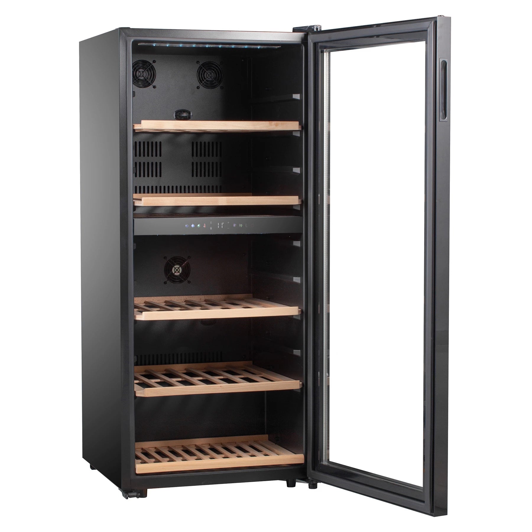 Detalhe da cave de vinho Caviss C291CBEG com controlo digital e ecrã LED.