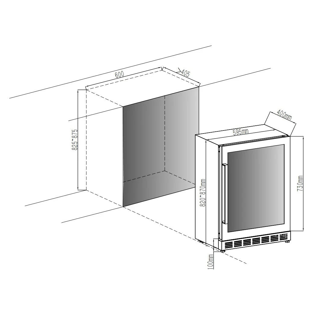 Esquema de instalação e dimensões de Cave de vinho para 18 garrafas Cavin Arctic Collection 60D Shallow de dupla zona Full Glass Black