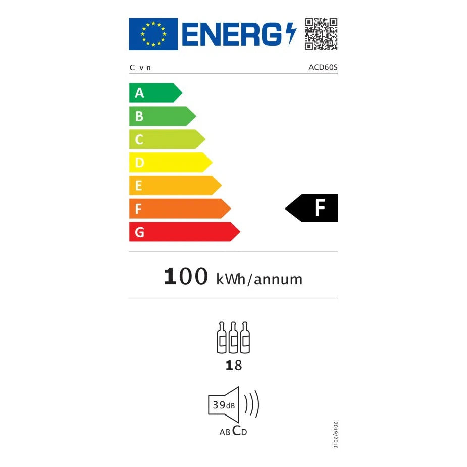 Etiqueta energética F de Cave de vinho para 18 garrafas Cavin Arctic Collection 60D Shallow de dupla zona Full Glass Black