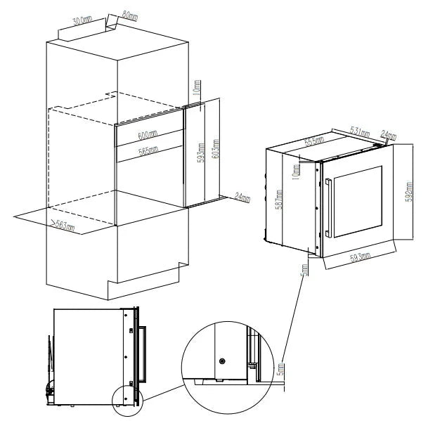 Esquema de instalação e dimensões de Cave de vinho para 30 garrafas Cavin Scandinavian Collection 60 Fullglass Black