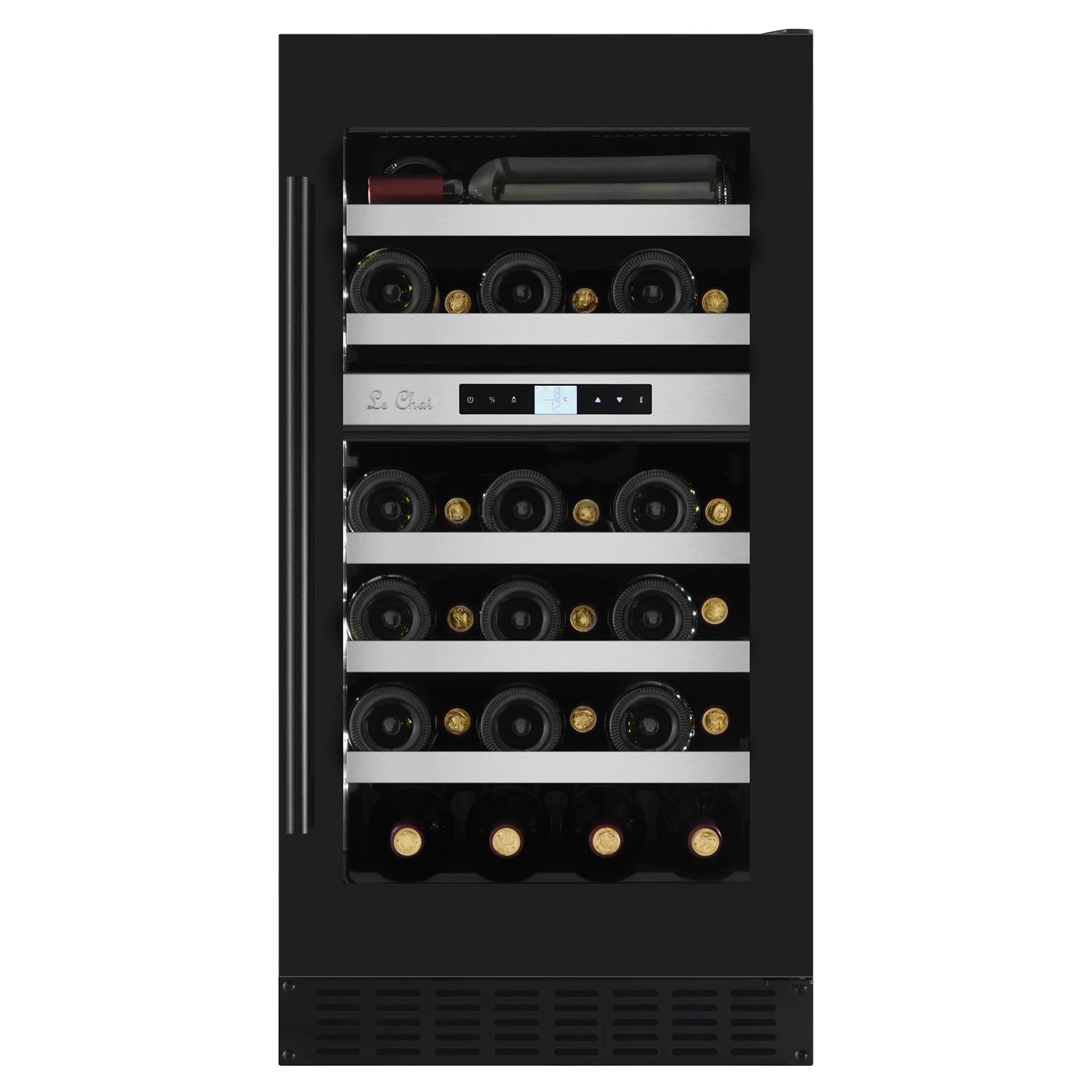 Cave de vinho duas zonas 33 garrafas Le Chai LBN330 encastrável sob bancada com porta preta anti-UV.