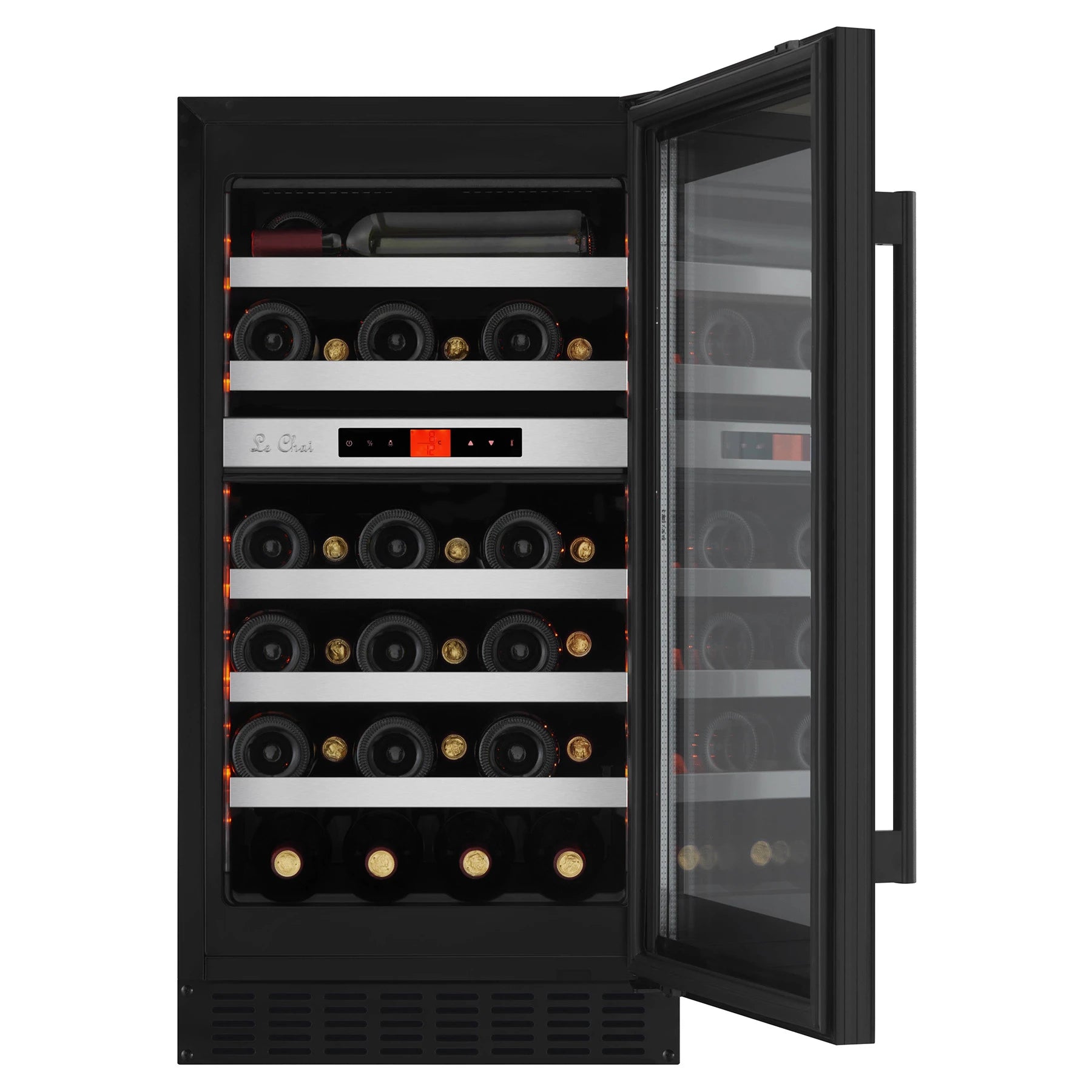 Prateleiras da cave de vinho Le Chai LBN330 com perfil em aço inoxidável para garrafas.