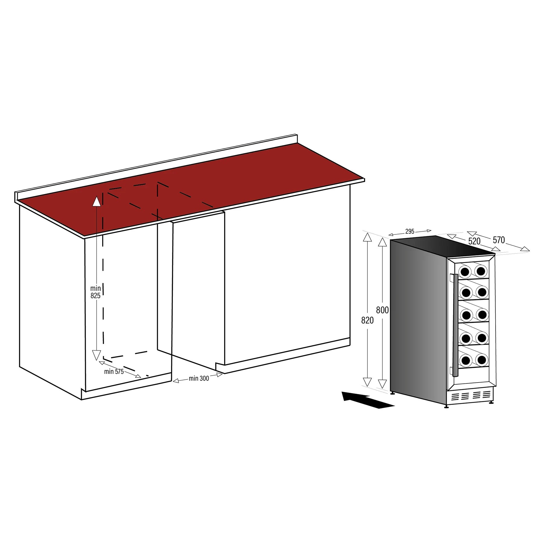 Detalhe da cave de vinho Caviss SLEN120TBE5 com porta anti-UV e iluminação LED.