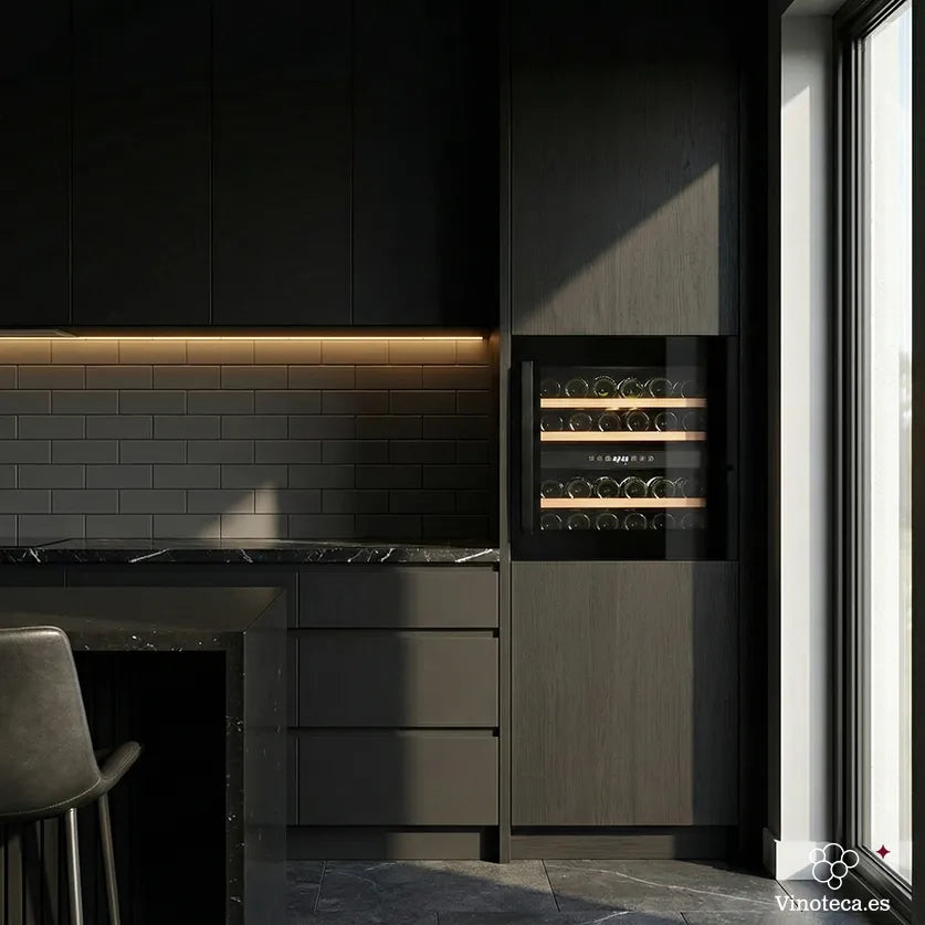 Cave de vinho Caviss CLEN230TBEG em cozinha moderna com porta de vidro e display digital.