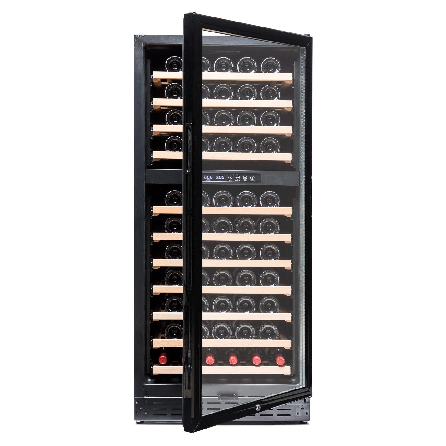 Cave de vinho Vinobox V110 GC 2T Black com porta de vidro anti-UV e prateleiras de madeira.