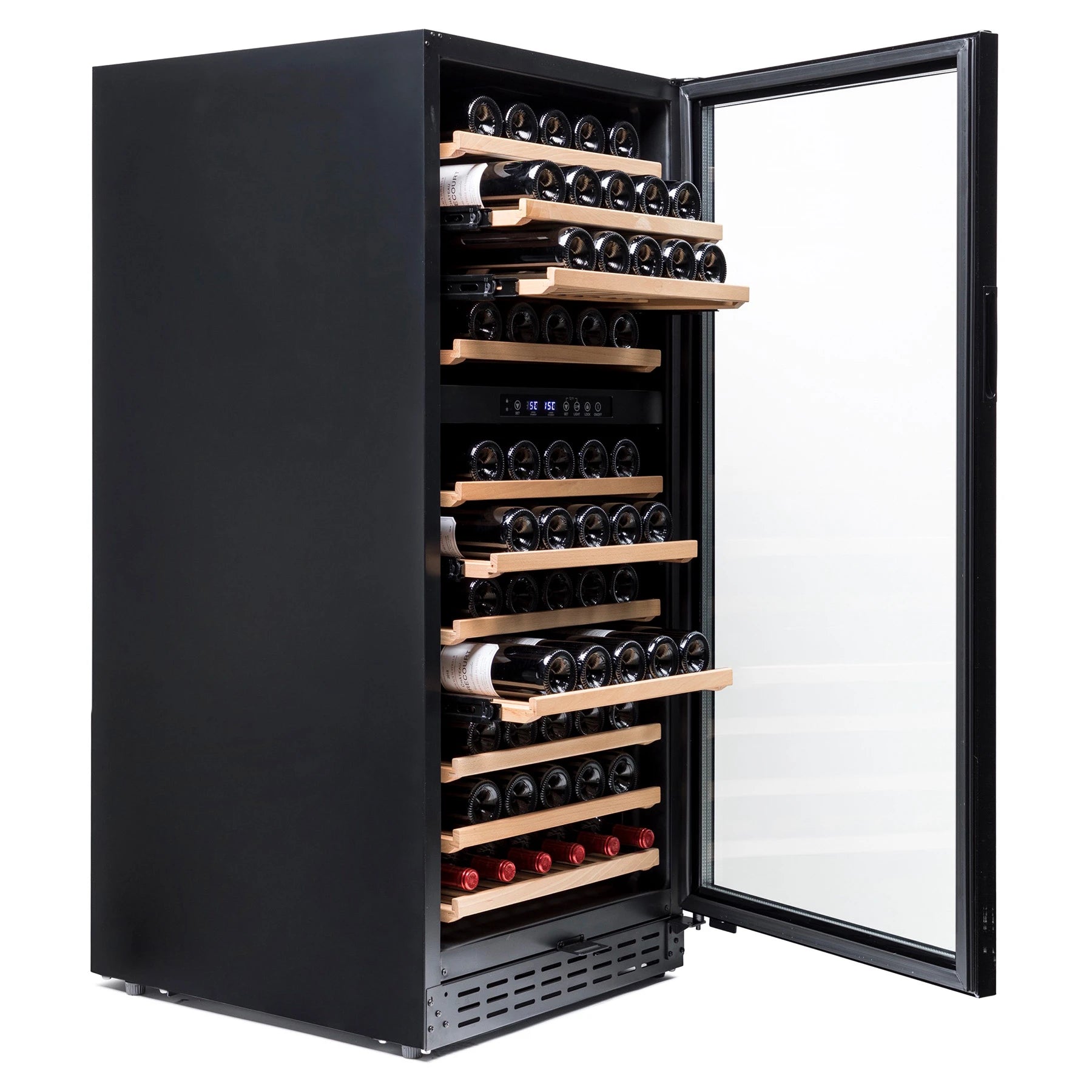 Interior da cave de vinho Vinobox V110 GC 2T Black com capacidade para 111 garrafas.