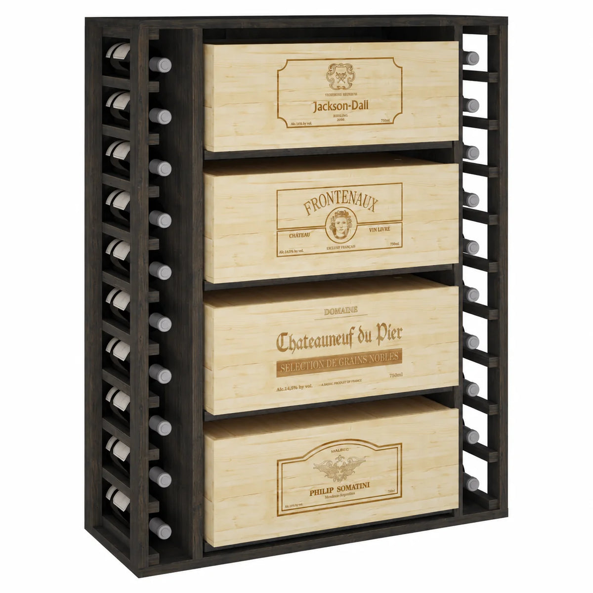 Garrafeira para 20 garrafas e 4 caixas de 12 garrafas Expovinalia Arganza Godello 2542 – Pinho preto – BX2542