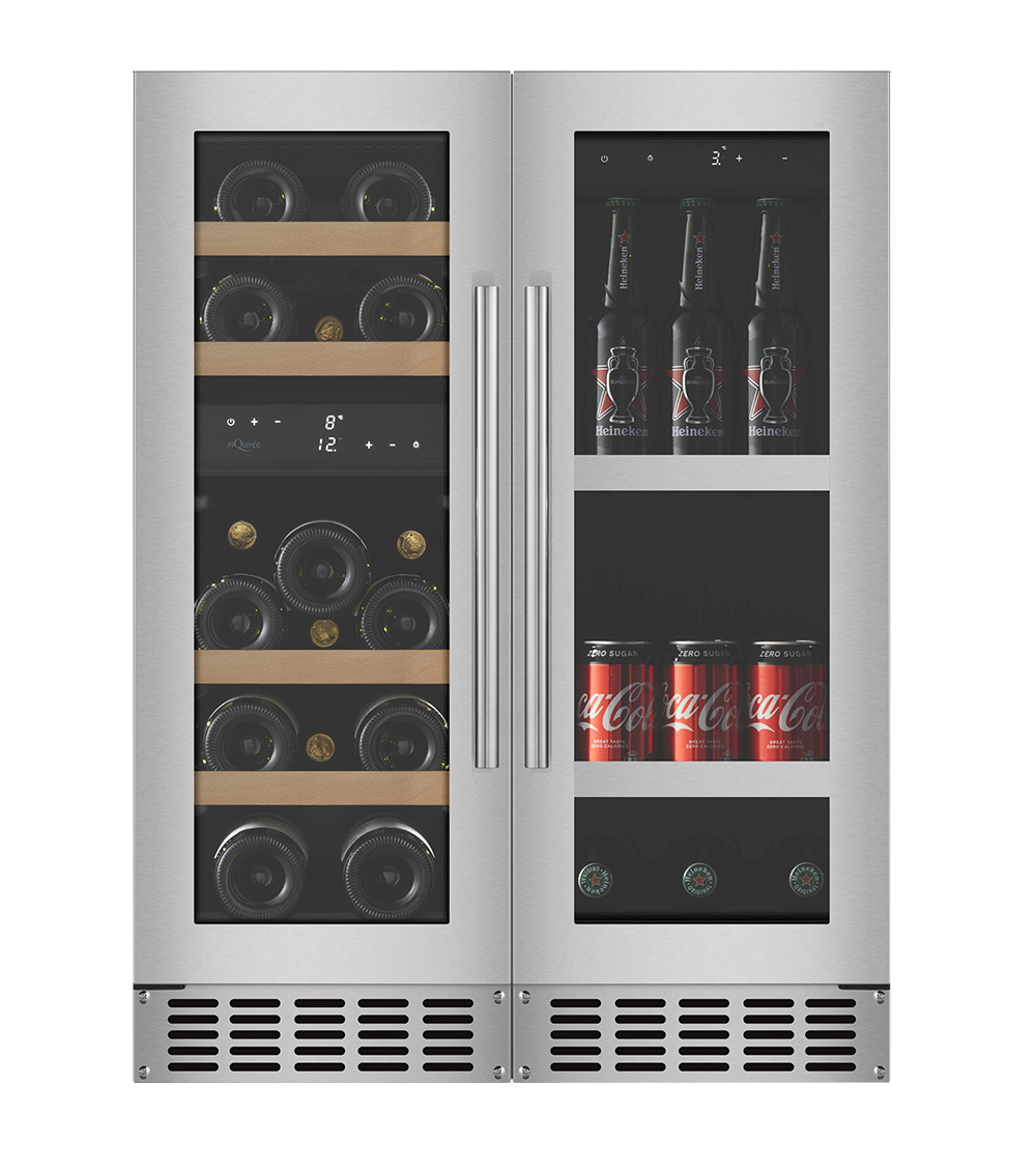 Pack cave de vinho mQuvée WineCave 700 30D e frigorífico para cerveja BeerServer 30 Stainless vista frontal