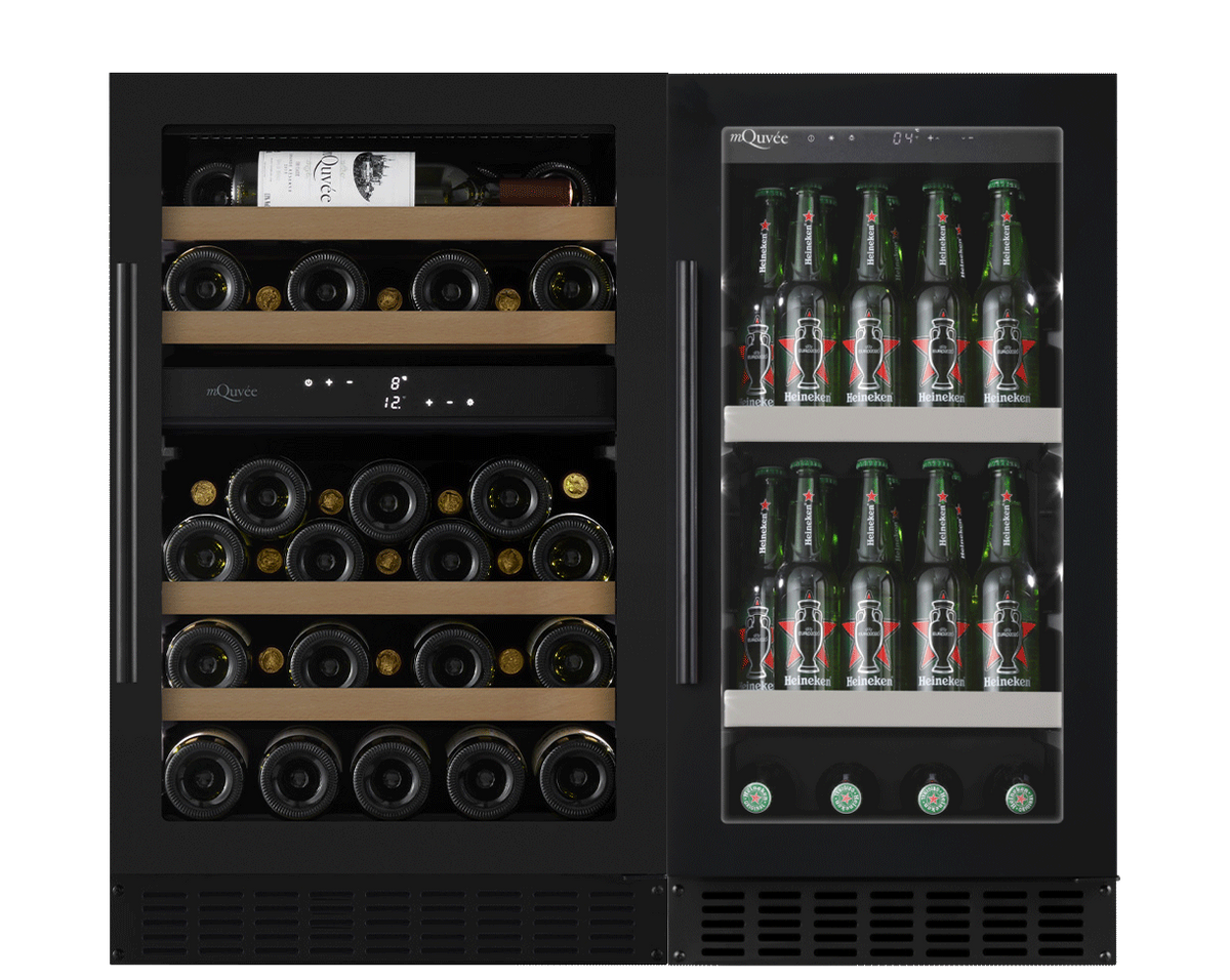 Pack cave de vinho mQuvée WineCave 700 60D e frigorífico para cerveja BeerServer 30 Anthracite Black vista frontal