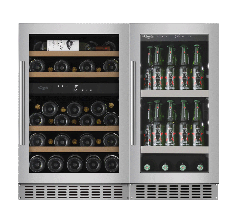 Pack cave de vinho mQuvée WineCave 700 60D e frigorífico para cerveja BeerServer 30 Stainless vista frontal