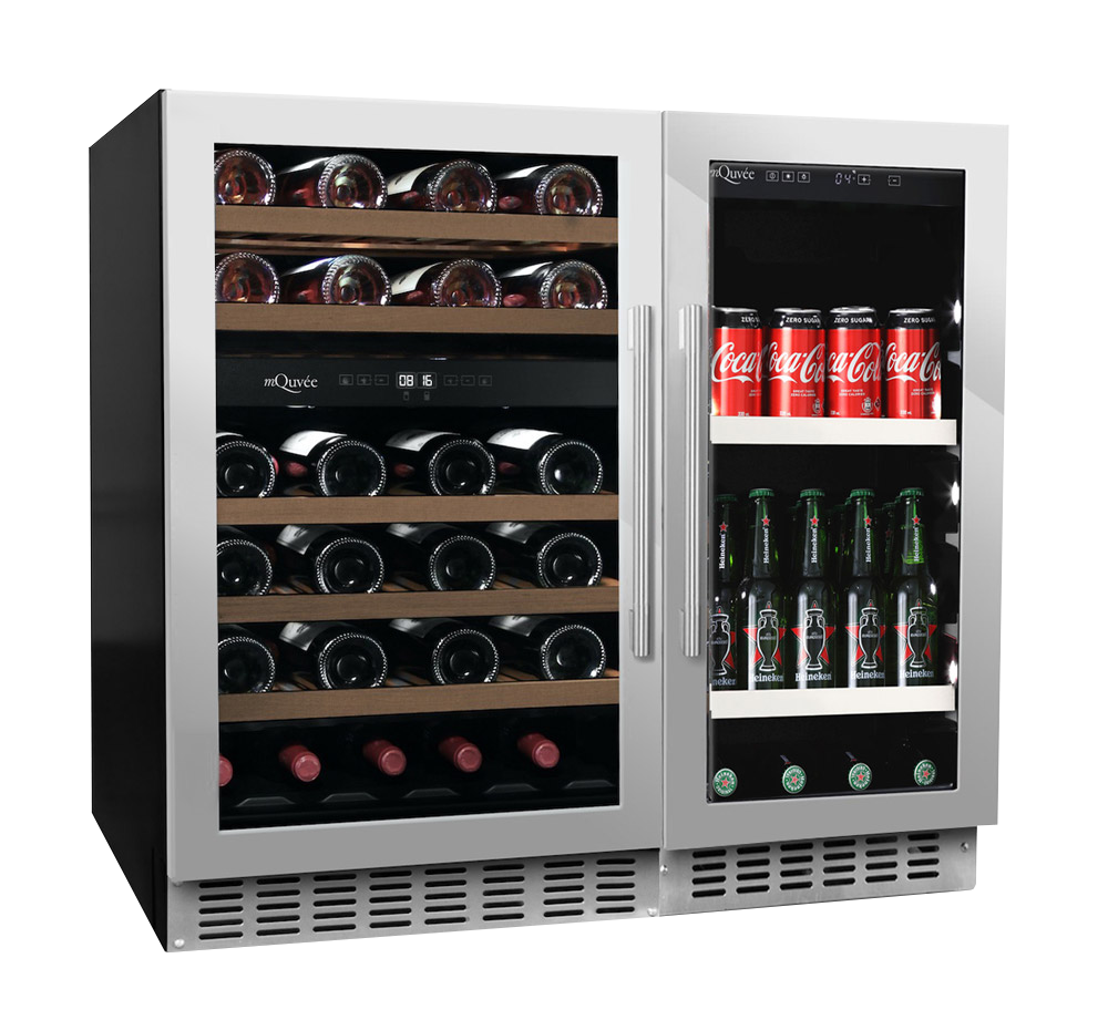 Pack cave de vinho mQuvée WineCave 700 60D e frigorífico para cerveja BeerServer 30 Stainless vista de três quartos