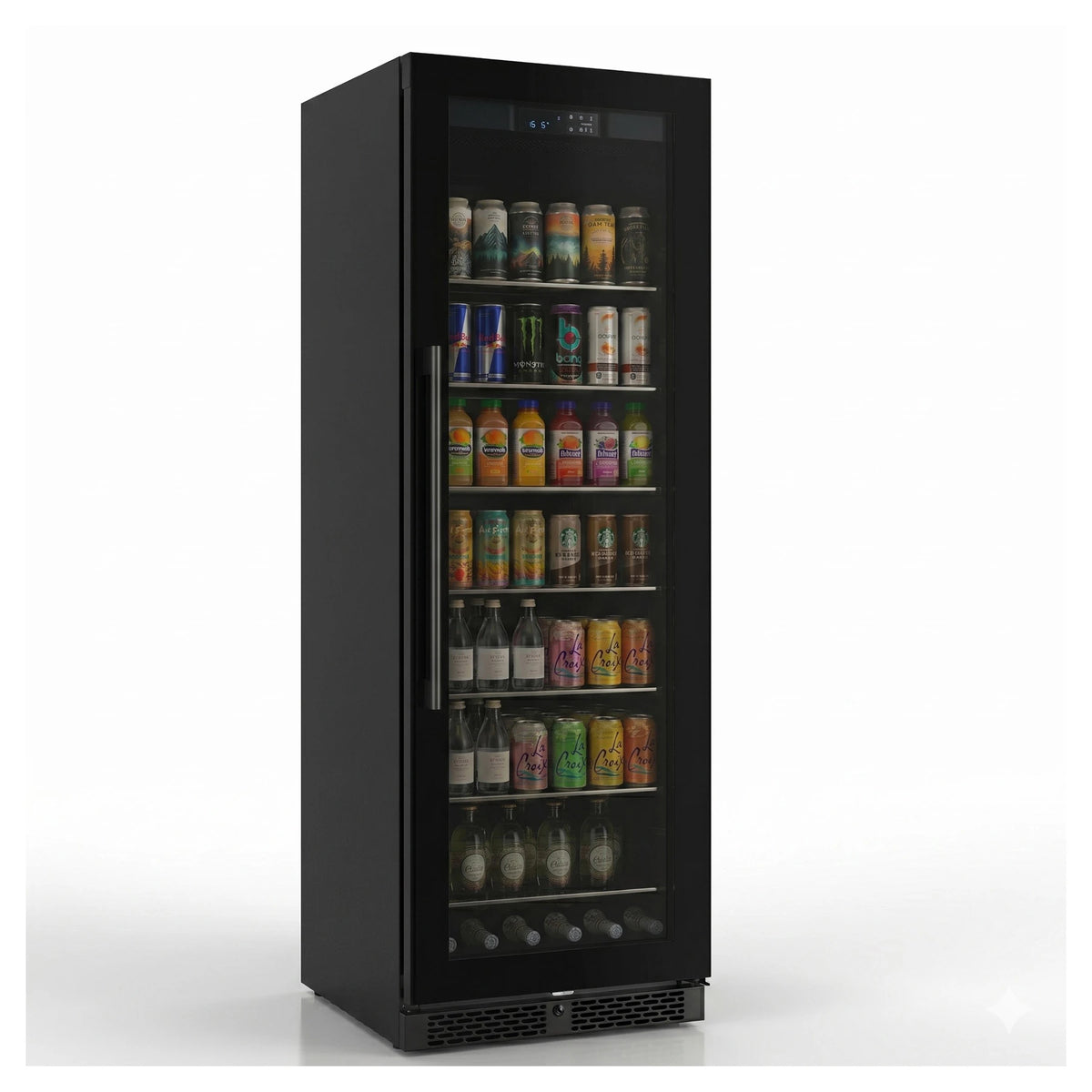 Frigorífico de bebidas ClimaVin Noir160 vista de três quartos com a porta de vidro preto fechada