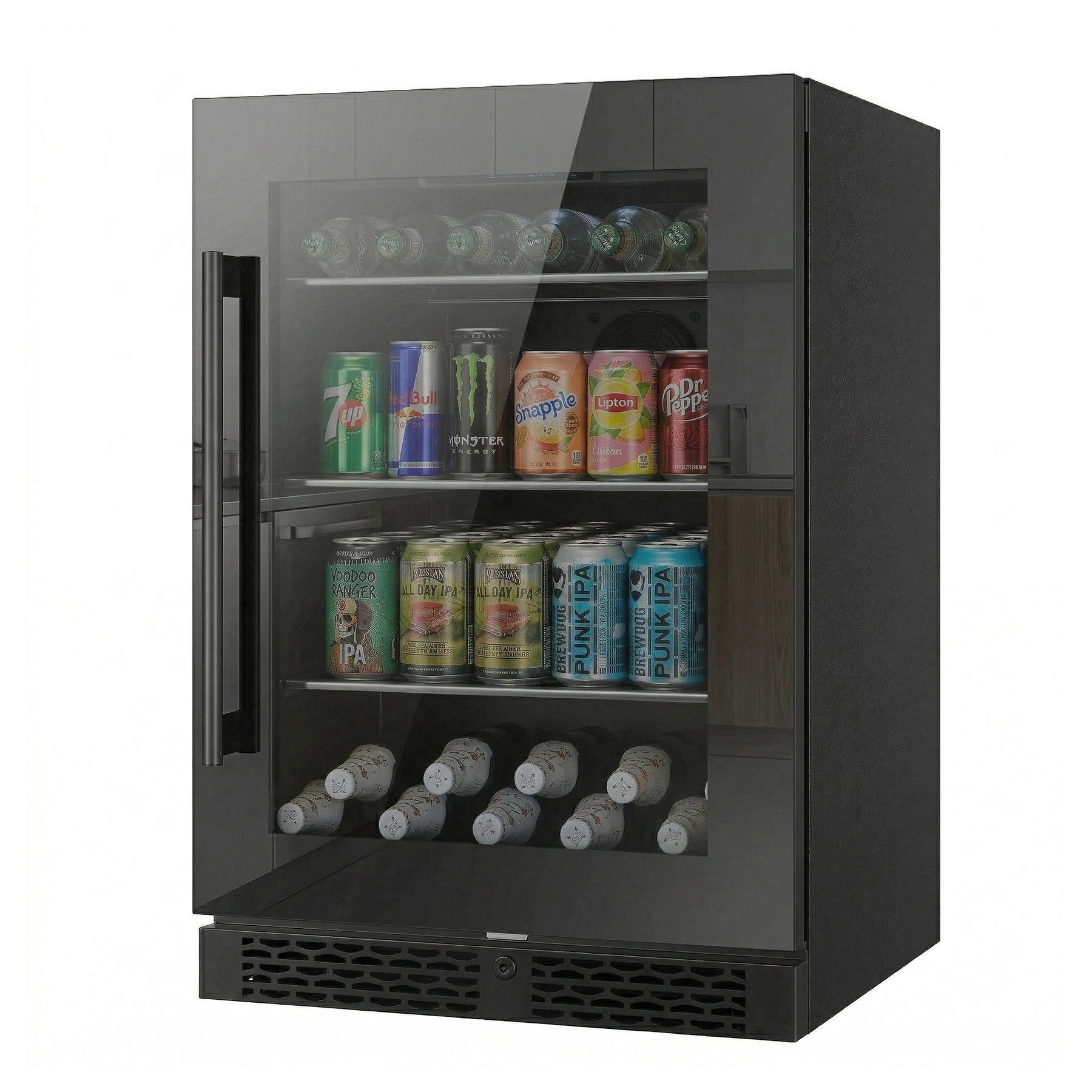 Frigorífico de bebidas ClimaVin Noir73 vista de três quartos com a porta de vidro preto fechada