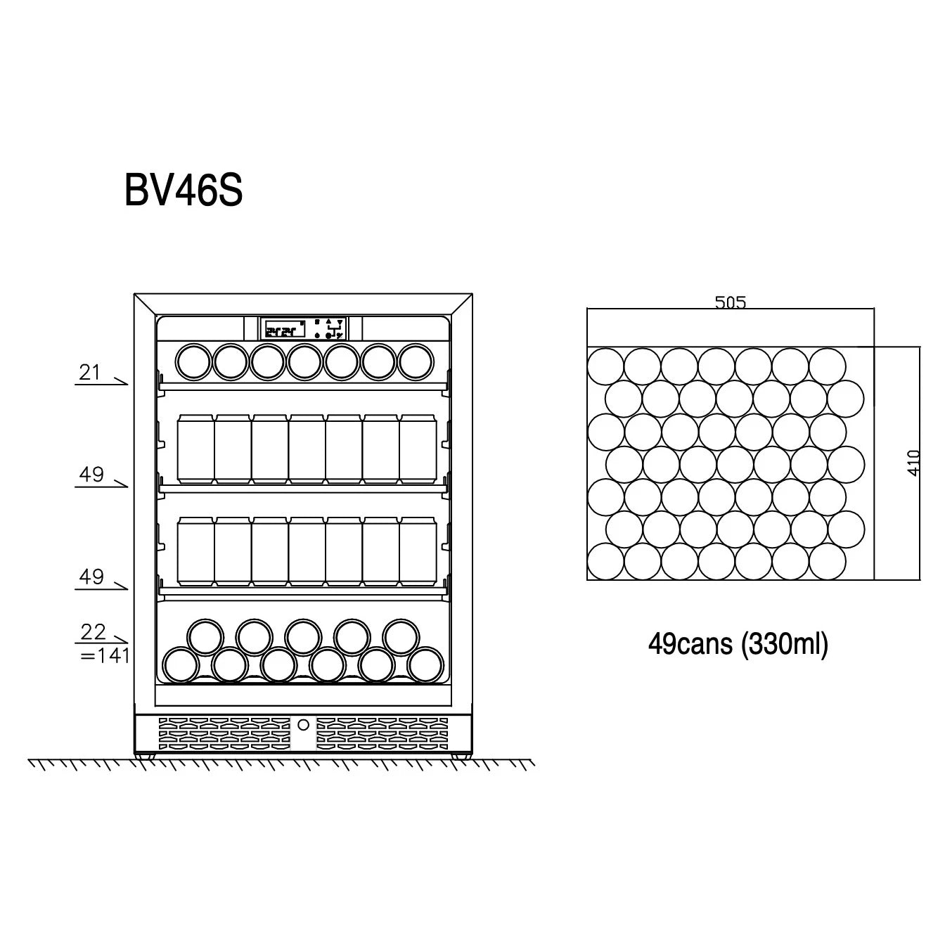 Esquema de carga do frigorífico de bebidas ClimaVin Noir73 com um total de 141 latas de 330 ml