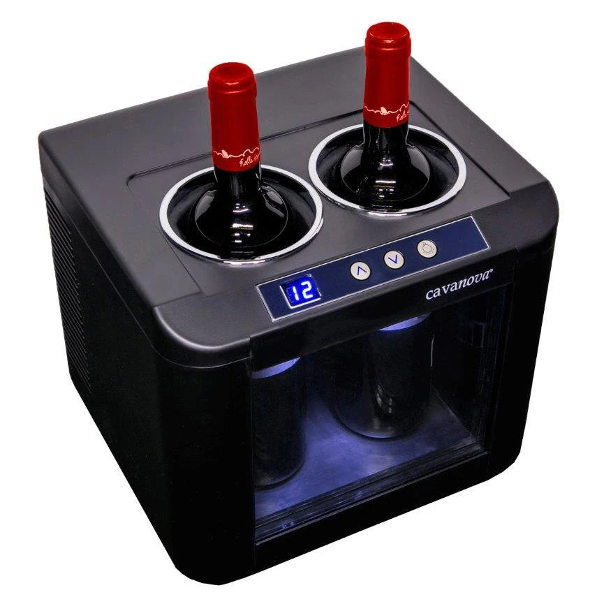 Refrigerador de vinho horizontal Cavanova OW002 compacto para manter duas garrafas prontas a servir.