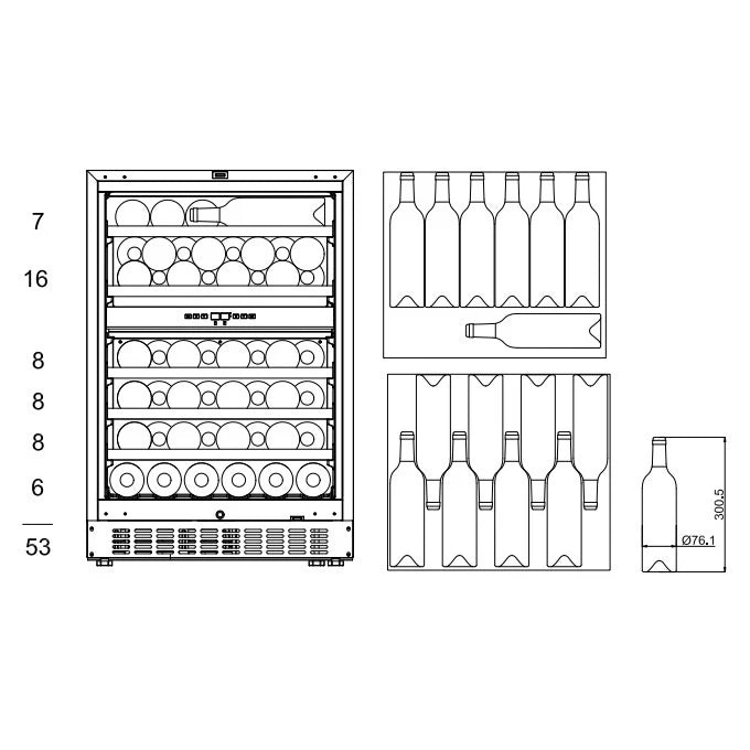 Capacidade da cave de vinho mQuvée WineCave Exclusive 780 60D Panel Ready para 53 garrafas.