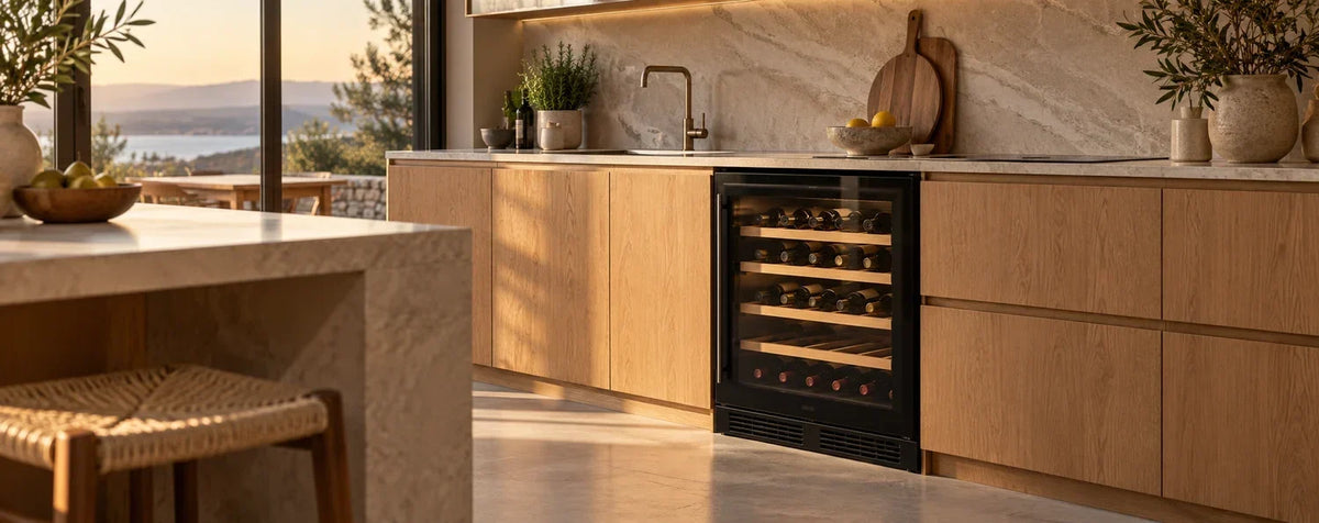 Cave de vinho de encastre sob a bancada numa cozinha contemporânea com acabamentos em madeira e pedra.