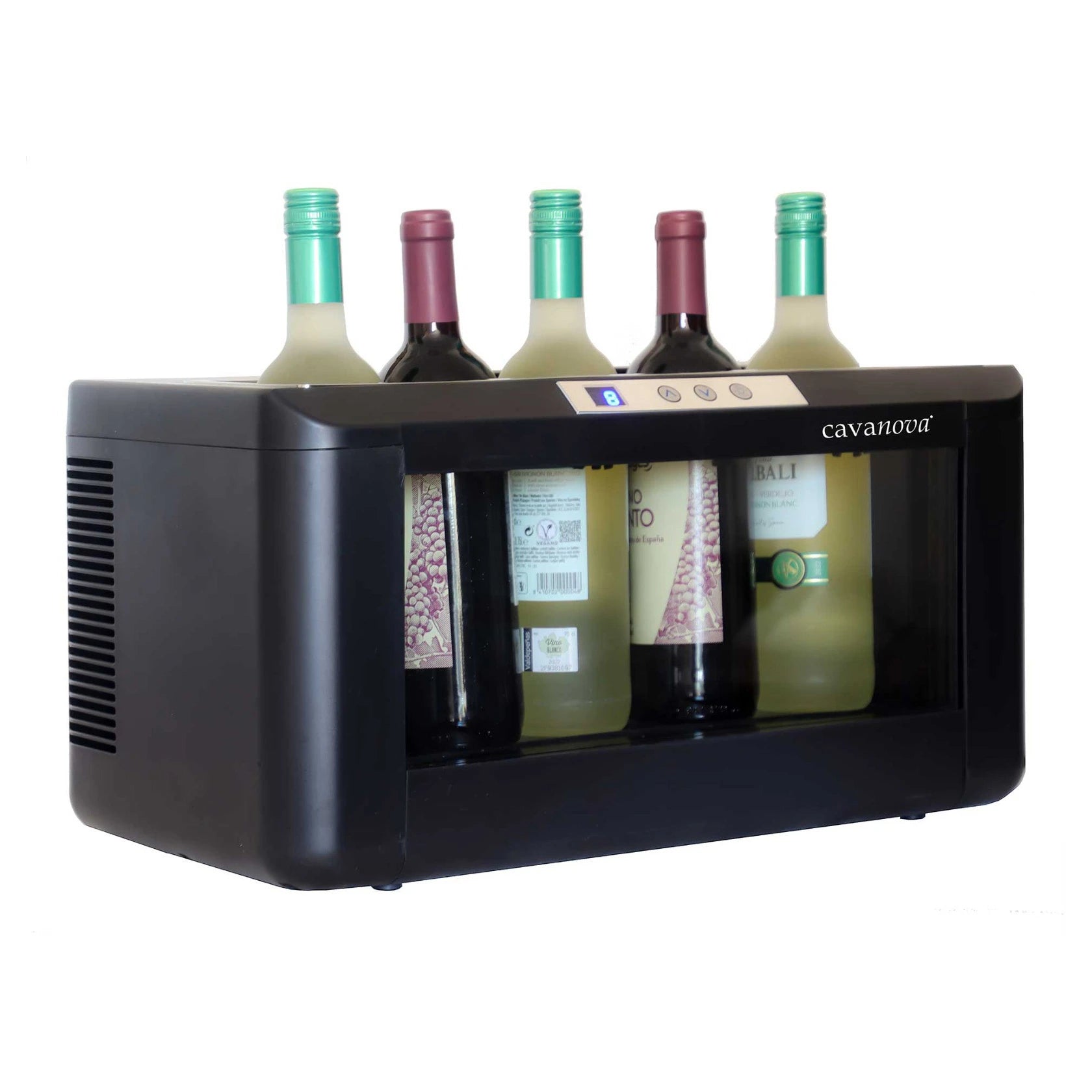 Detalhe do refrigerador de vinho Cavanova OW004 Magnum com display digital de temperatura.