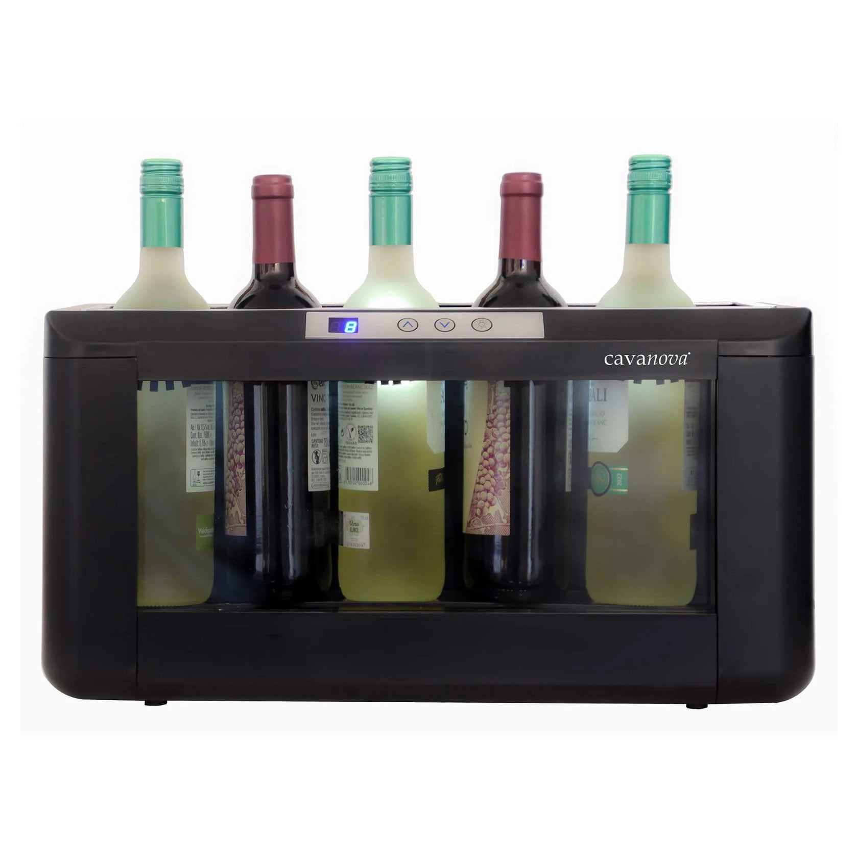 Interior do refrigerador de vinho Cavanova OW004 Magnum para conservar garrafas magnum na horizontal.