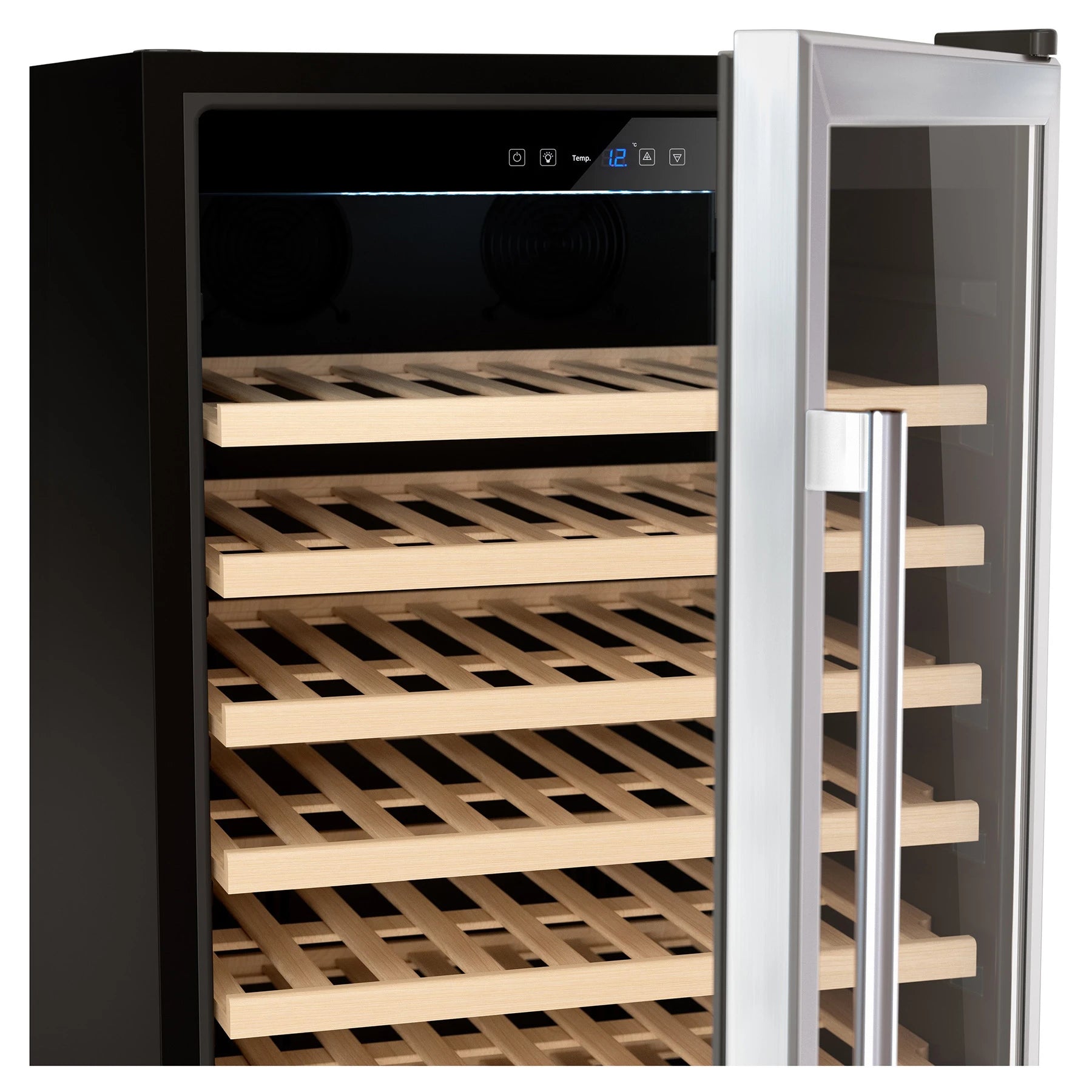 Detalhe da cave de vinho CAVCE100 com controlo digital e sistema No-Frost por compressor.