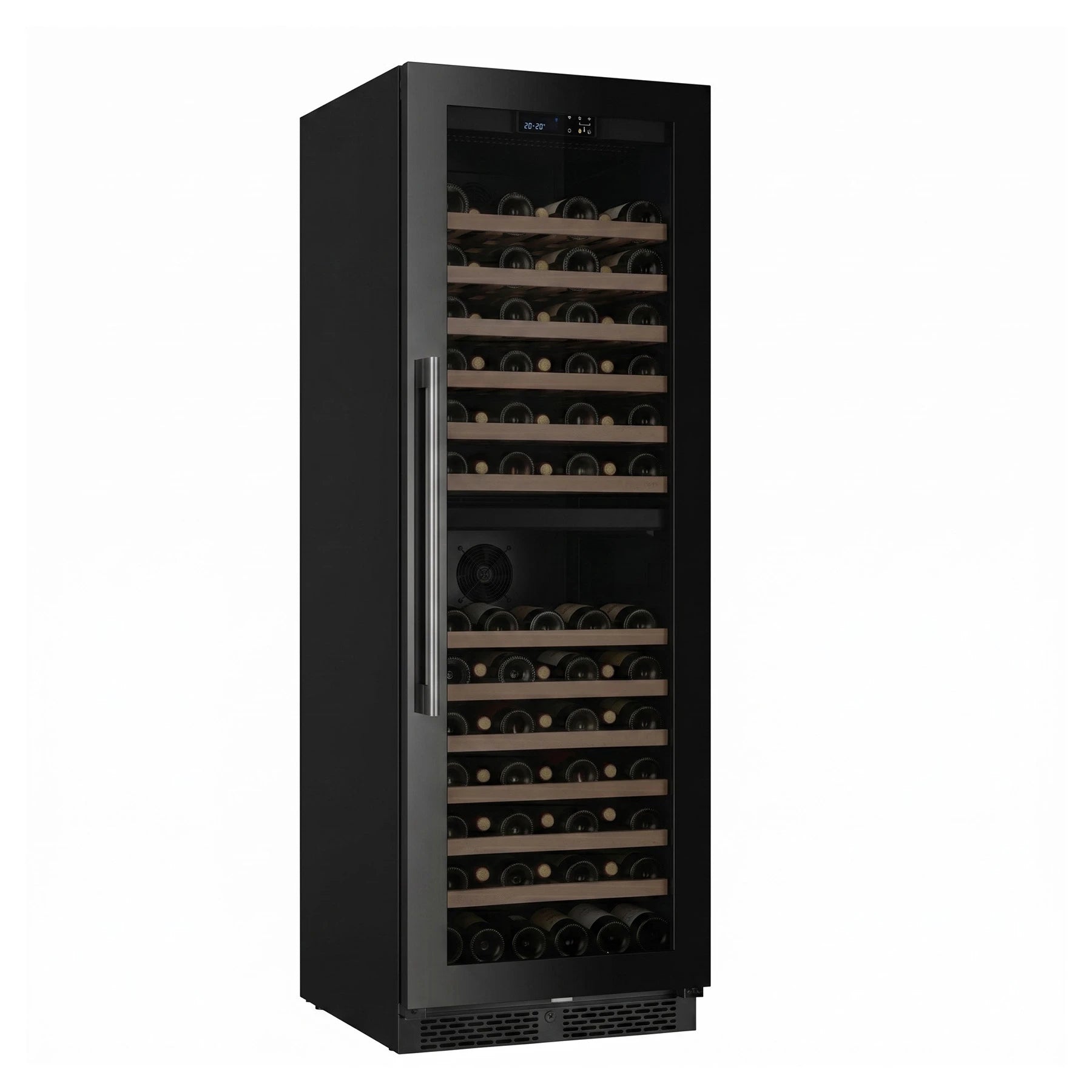 Cave de vinho ClimaVin Noir169 vista de três quartos com pega vertical em aço inoxidável