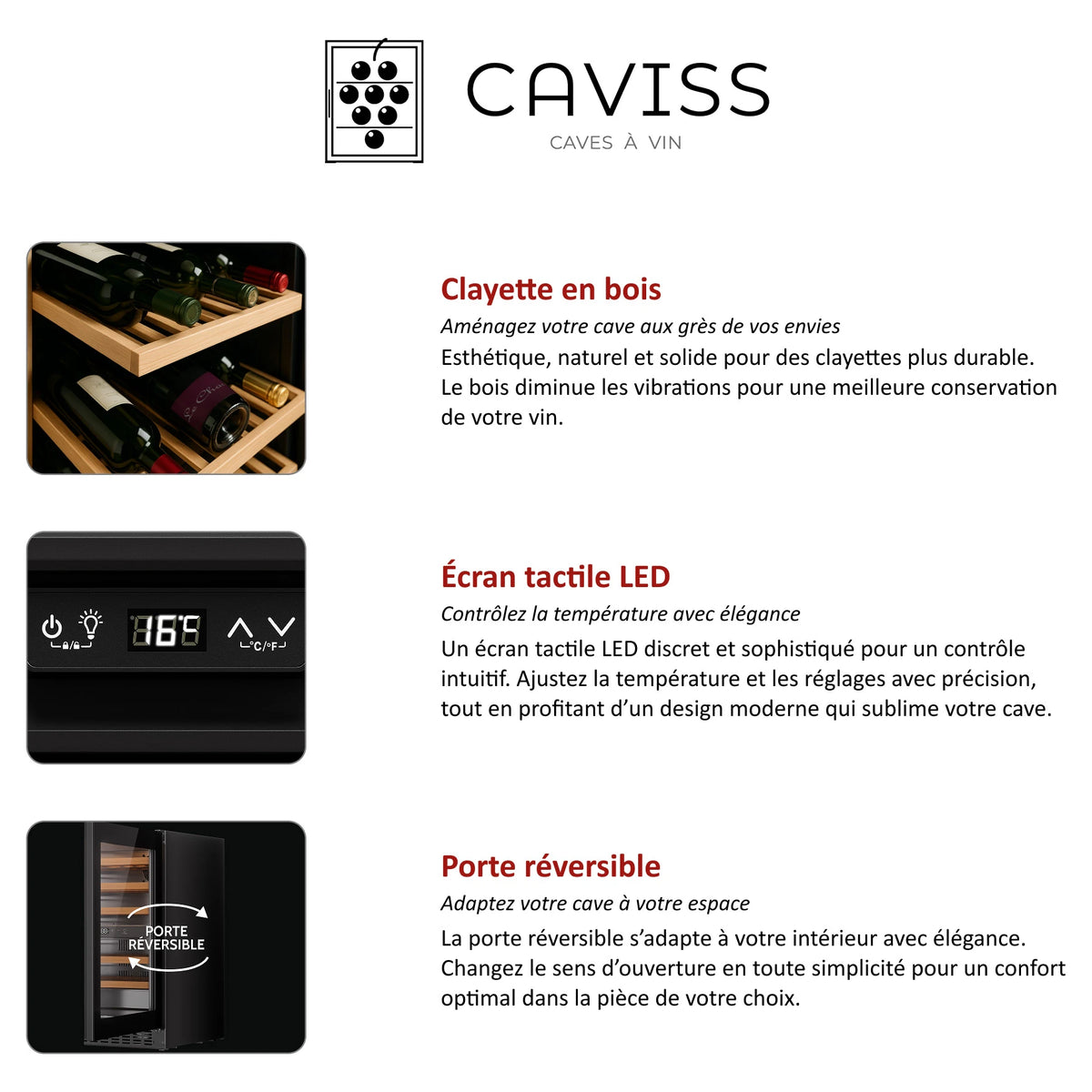 Infografia da cave de vinho Caviss CT1PL105CB: prateleiras em madeira, ecrã tátil LED e porta reversível