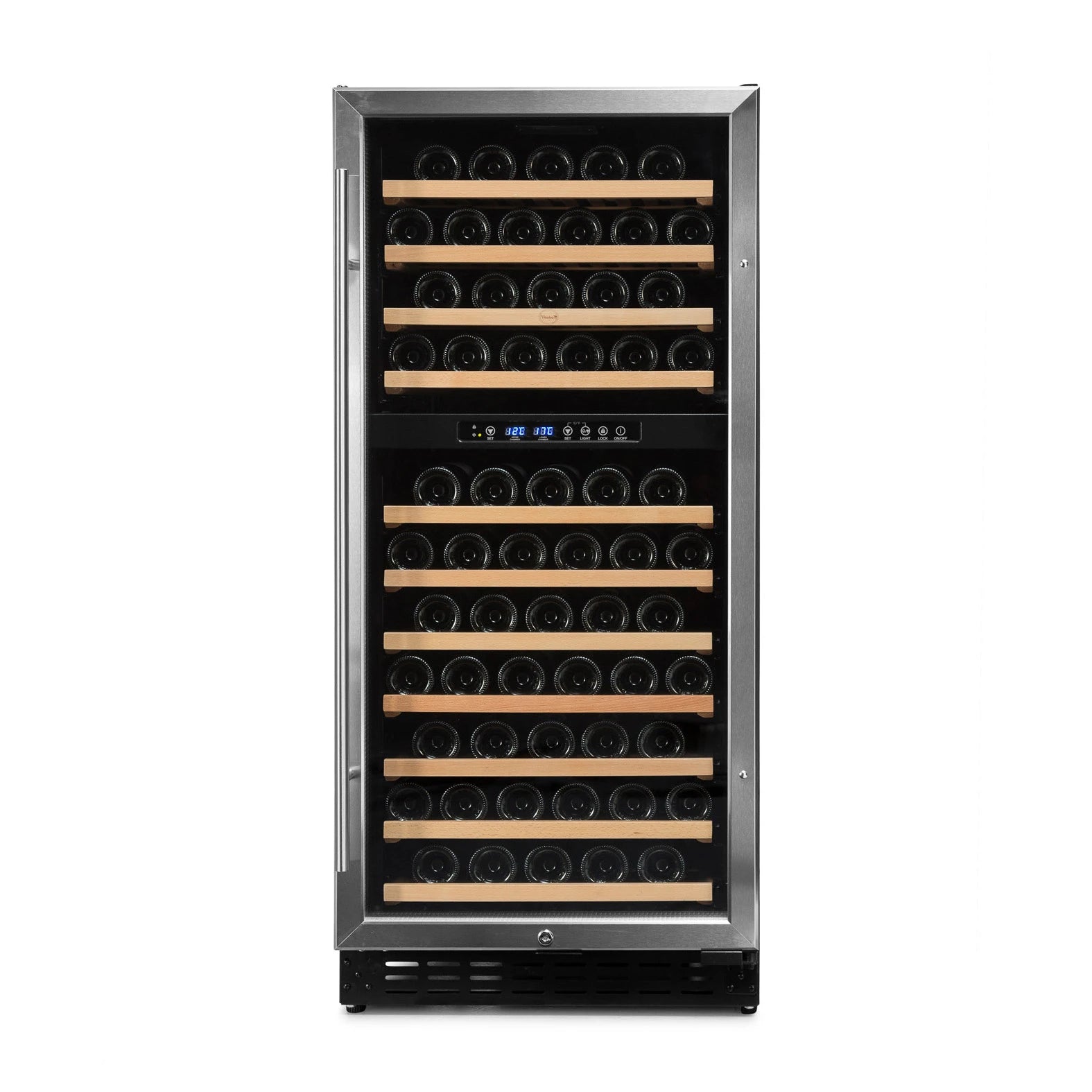 Cave de vinho 110 garrafas Vinobox V110 GC 2T Inox com dupla zona e acabamento em aço inoxidável.