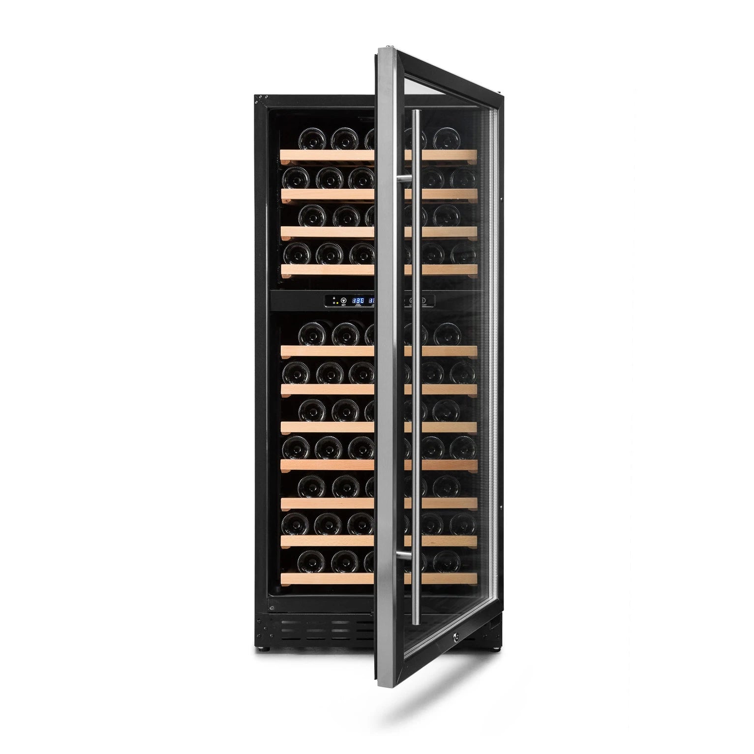 Cave de vinho Vinobox V110 GC 2T Inox com porta de vidro duplo anti-UV e prateleiras de madeira.