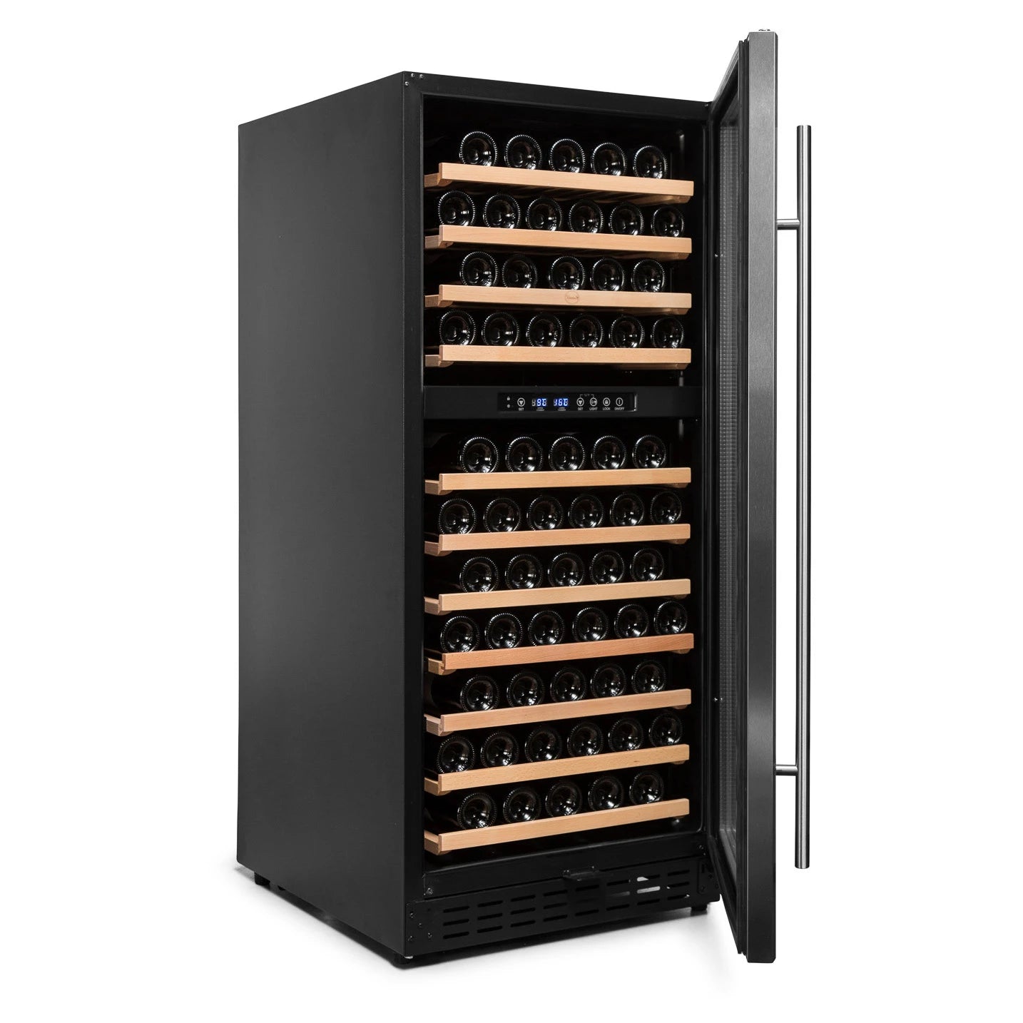 Cave de vinho Vinobox V110 GC 2T Inox com compressor Inverter, No-Frost e duas zonas de temperatura.