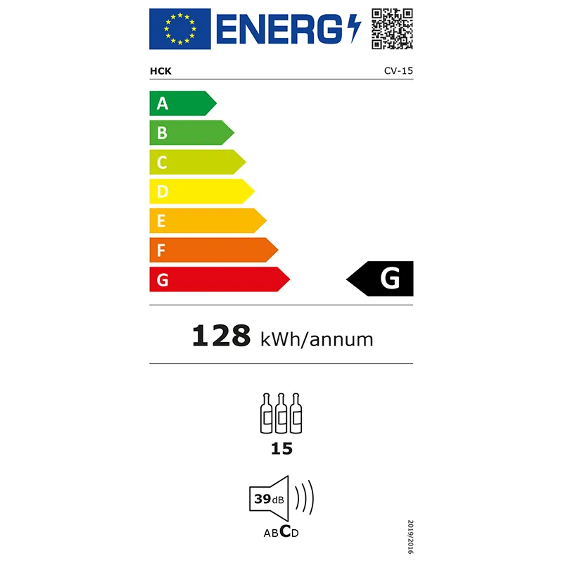 Etiqueta energética da cave de vinho Cave Vinum CV-15-R com classe G e consumo anual de 128 kWh.