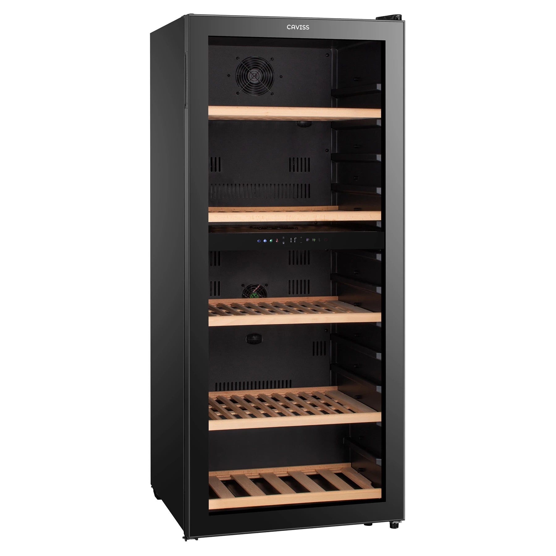 Cave de vinho Caviss C2120CBEG com capacidade para 120 garrafas e duas zonas independentes.