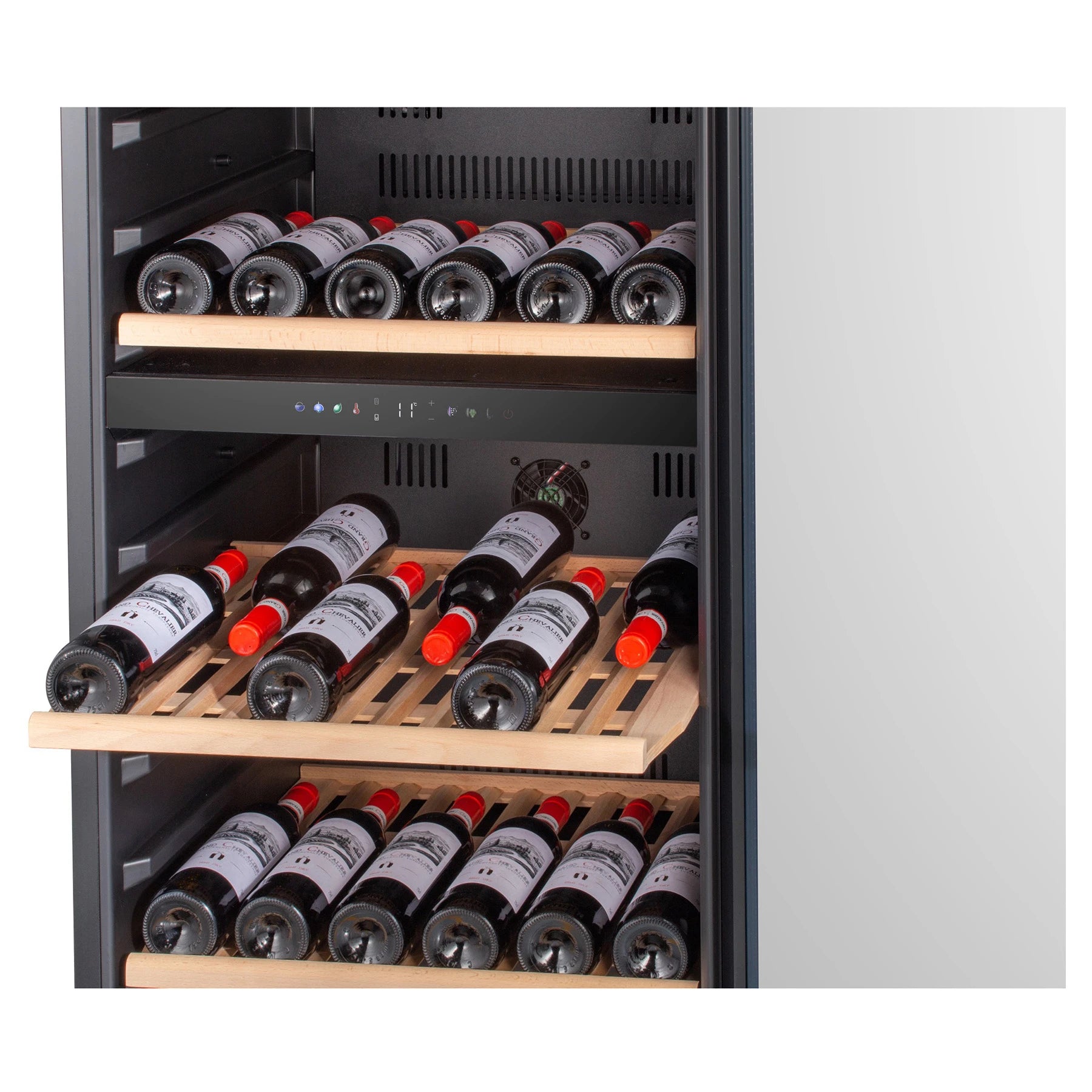 Prateleiras da cave de vinho Caviss C2120CBEG para organizar vinhos tintos e brancos.