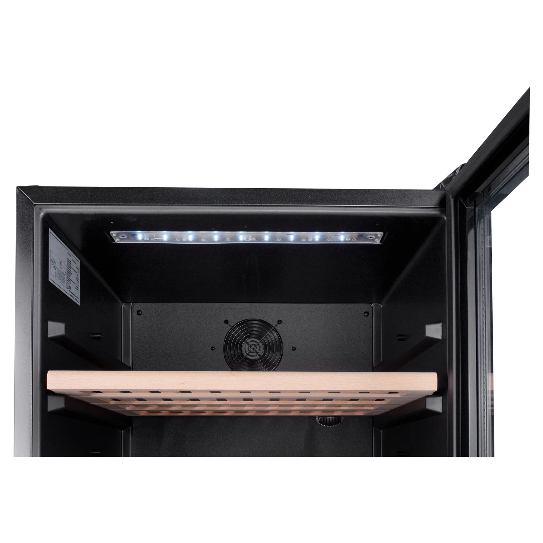 Detalhe da cave de vinho Caviss C2120CBEG com controlo digital LED branco.