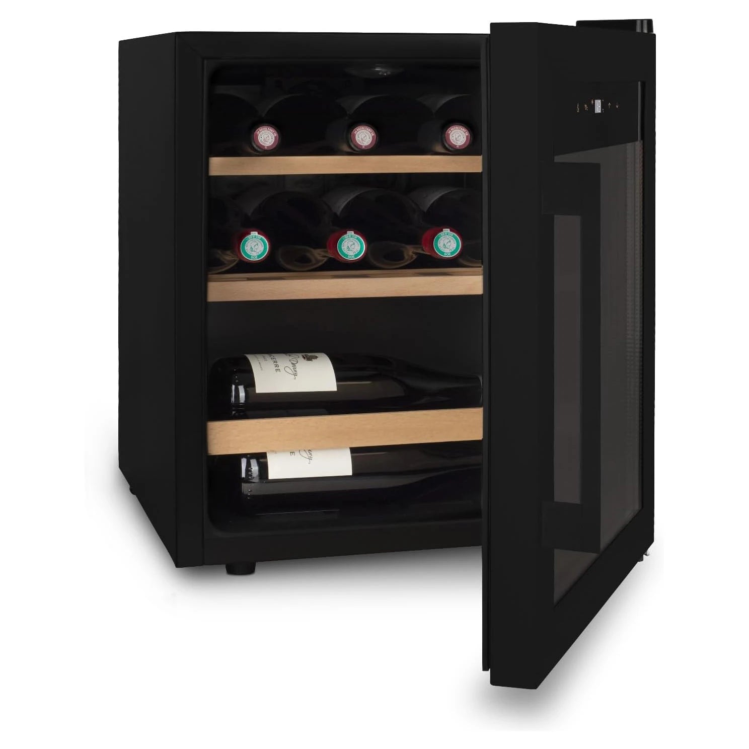 Detalhe da cave de vinho Les Petits Champs CAVCB15 com controlo tátil e luz LED.