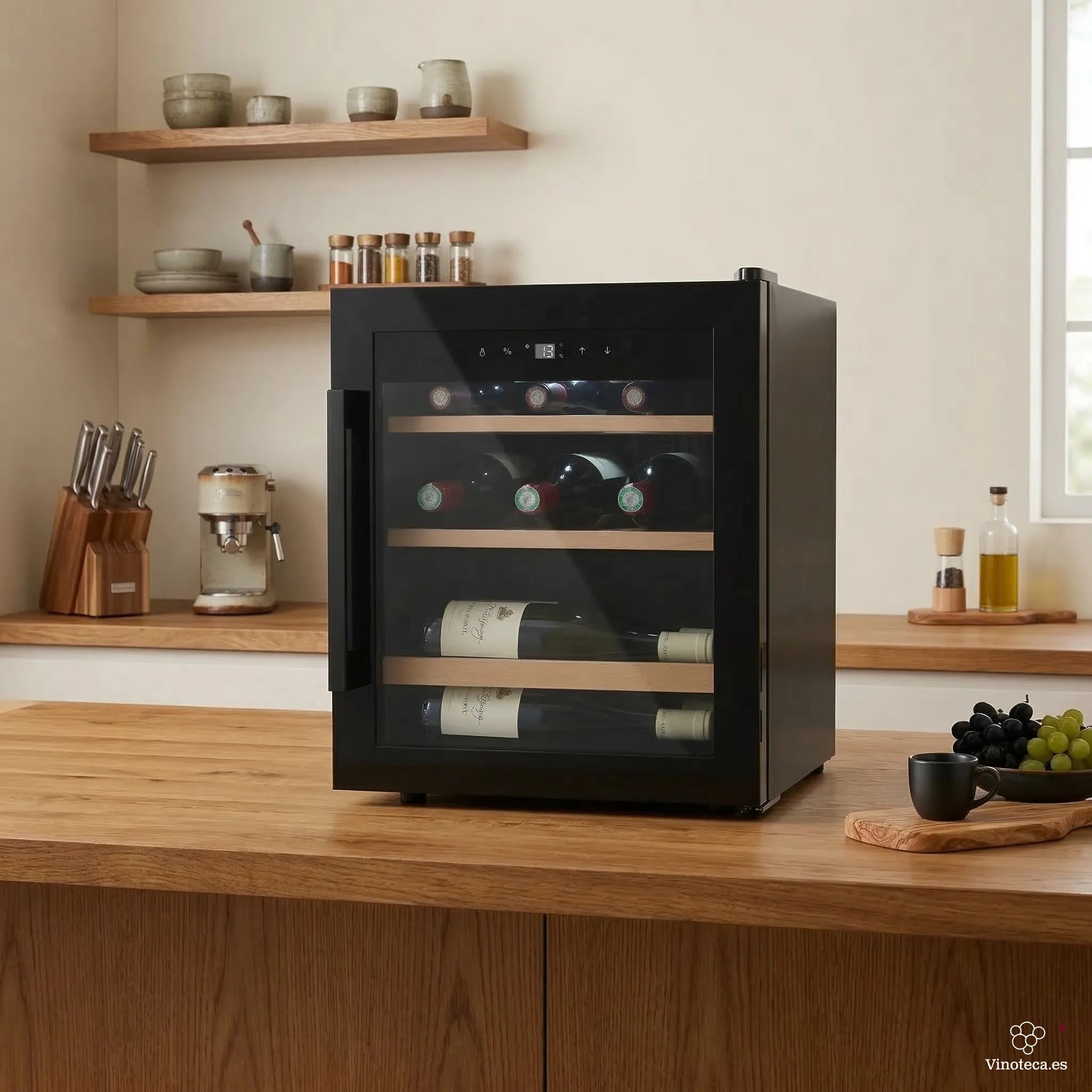 Cave de vinho Les Petits Champs CAVCB15 em cozinha moderna com design compacto preto.