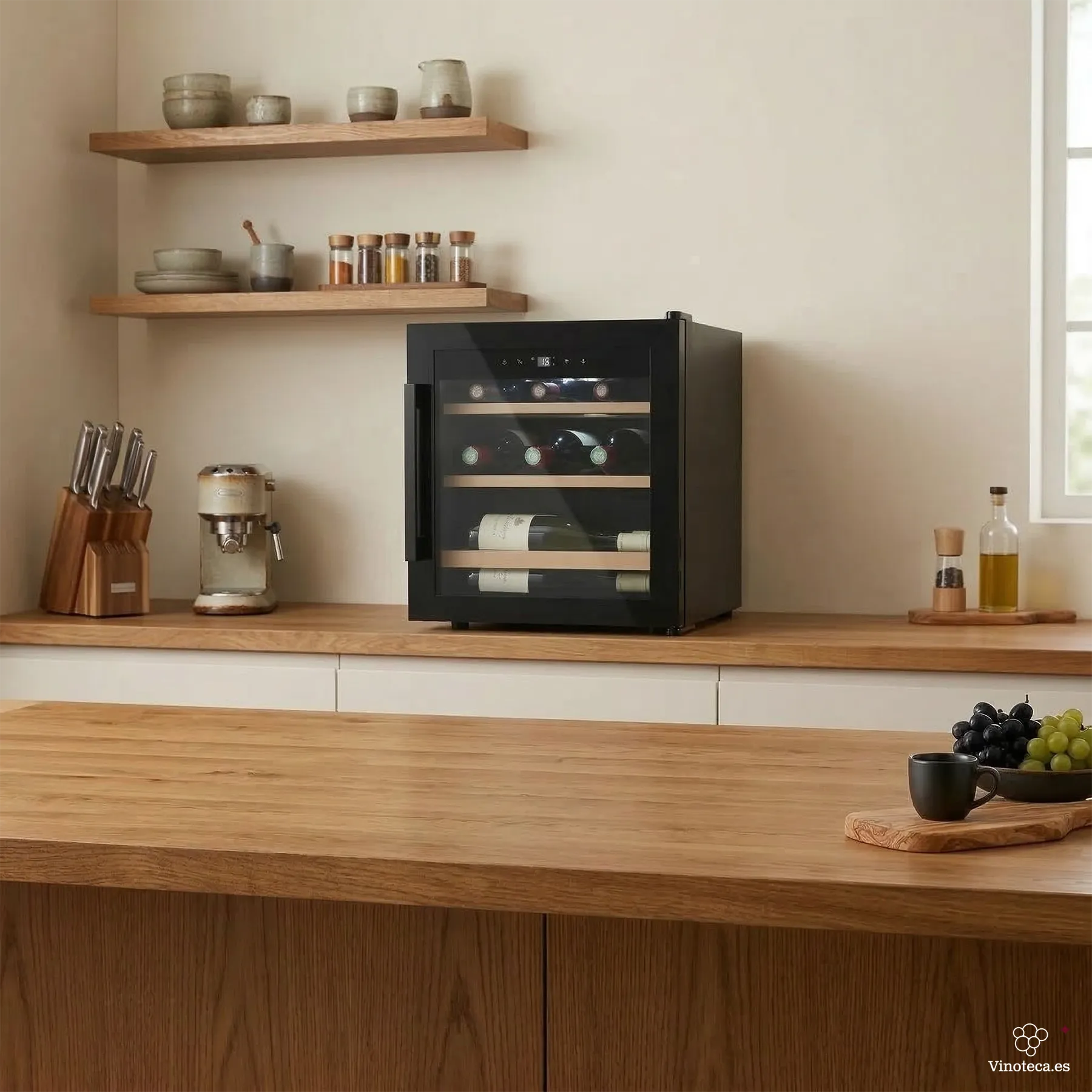 Cave de vinho CAVCB15 integrada em ambiente de cozinha para pequena coleção doméstica.