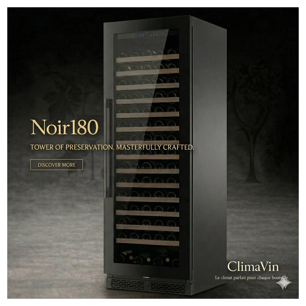 Cartaz do fabricante da cave de vinho ClimaVin Noir180 da gama NoirLine