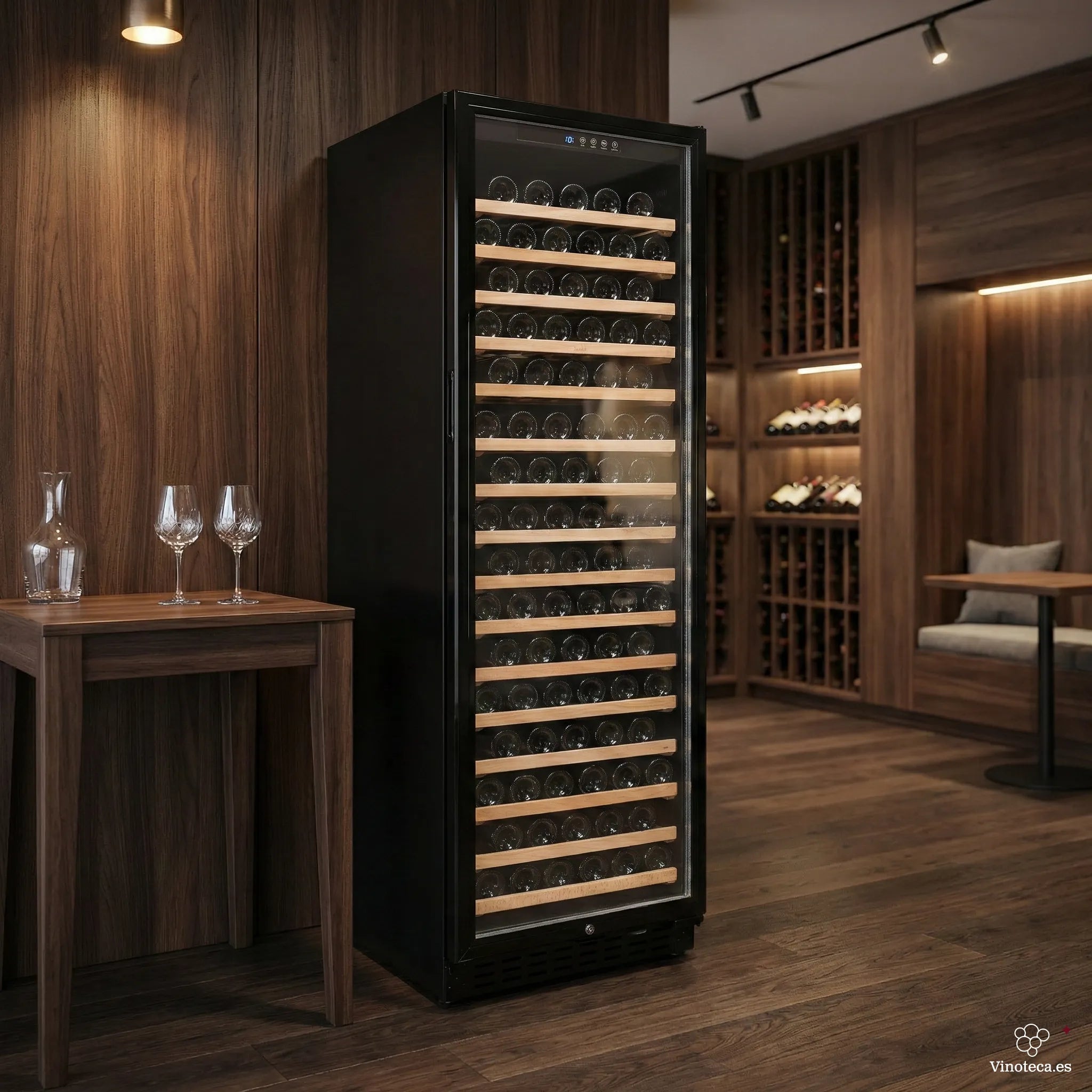 Cave de vinho Vinobox V168 GC 1T Black em ambiente de utilização para grande coleção.