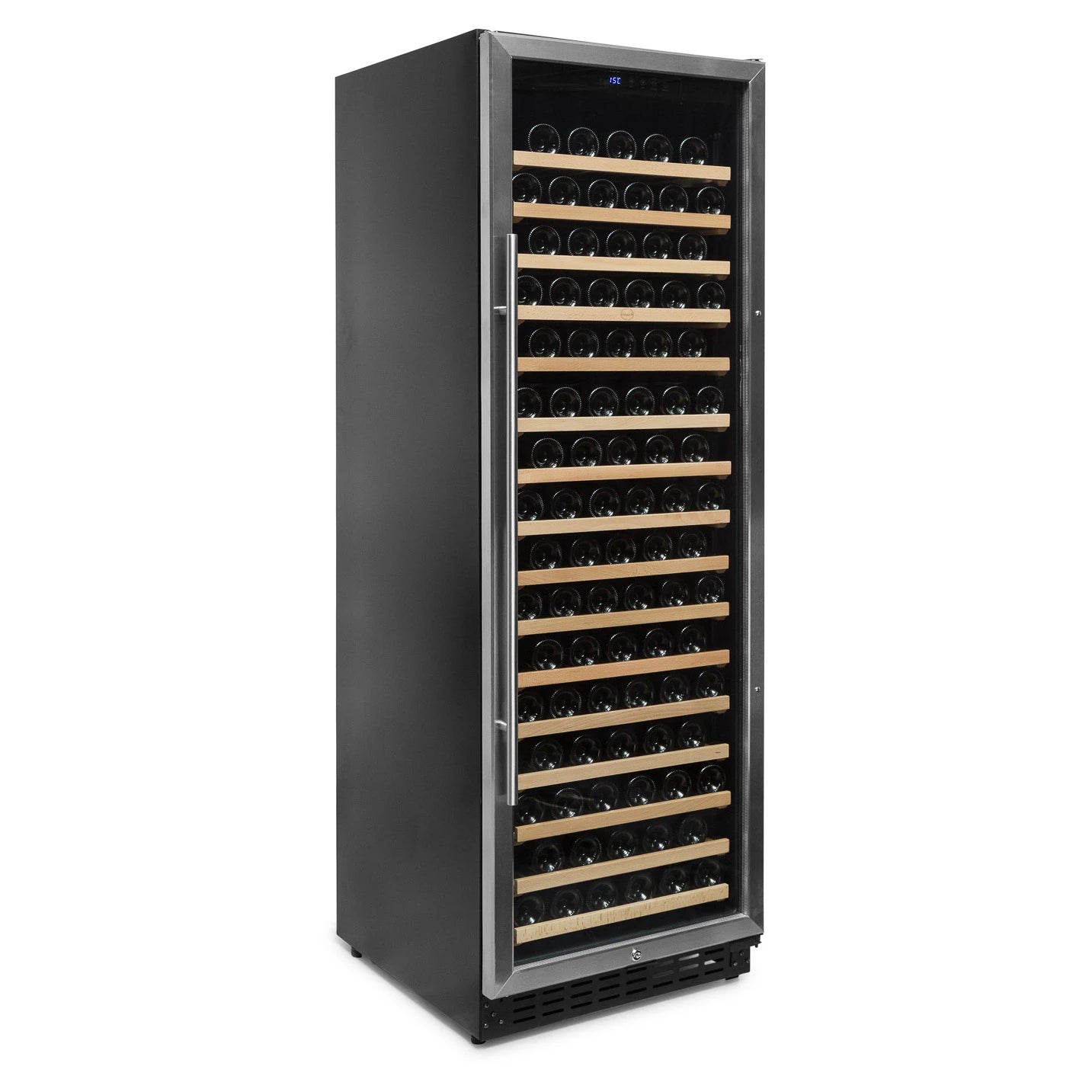 Interior da cave de vinho Vinobox V168 GC 1T Inox com 16 prateleiras de madeira extraíveis.