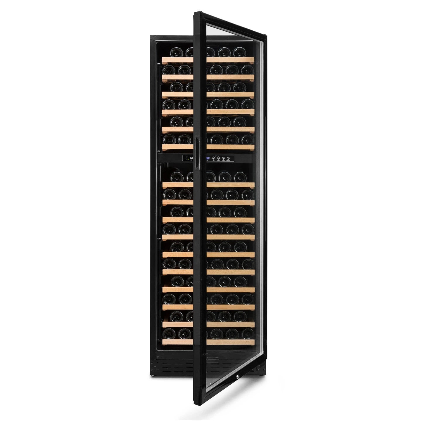 Cave de vinho Vinobox V168 GC 2T Black com duas zonas de 5 a 10 ºC e 10 a 18 ºC.
