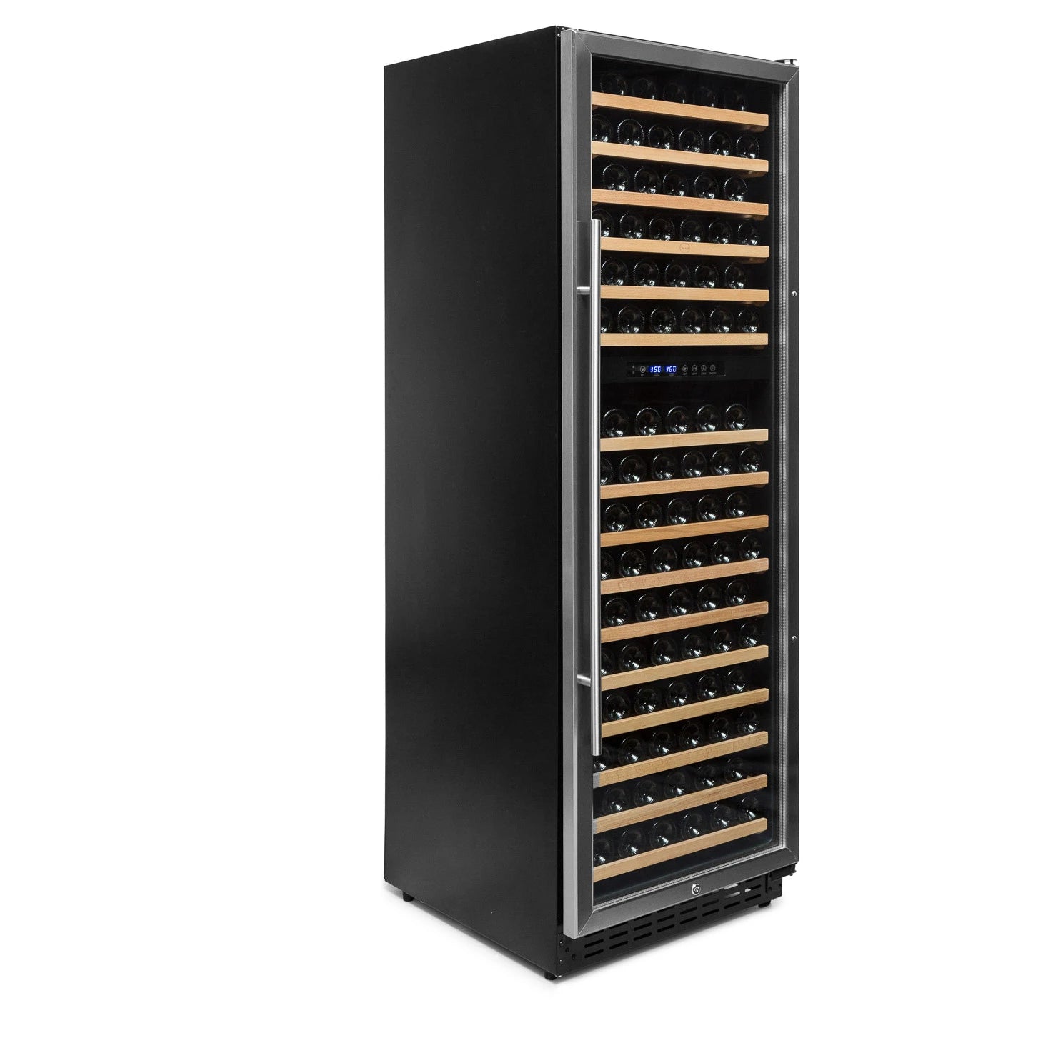 Interior da cave de vinho Vinobox V168 GC 2T Inox com 16 prateleiras de madeira.