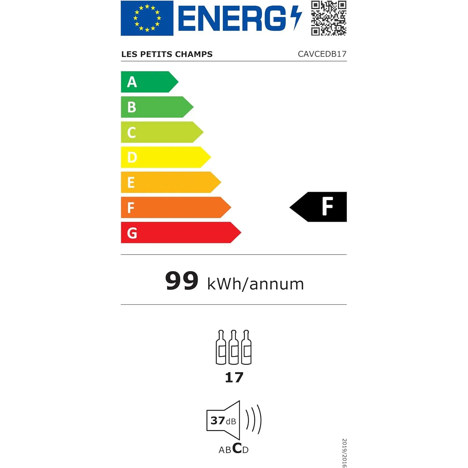 Etiqueta energética da cave de vinho Les Petits Champs CAVCEDB17 com dados de consumo.